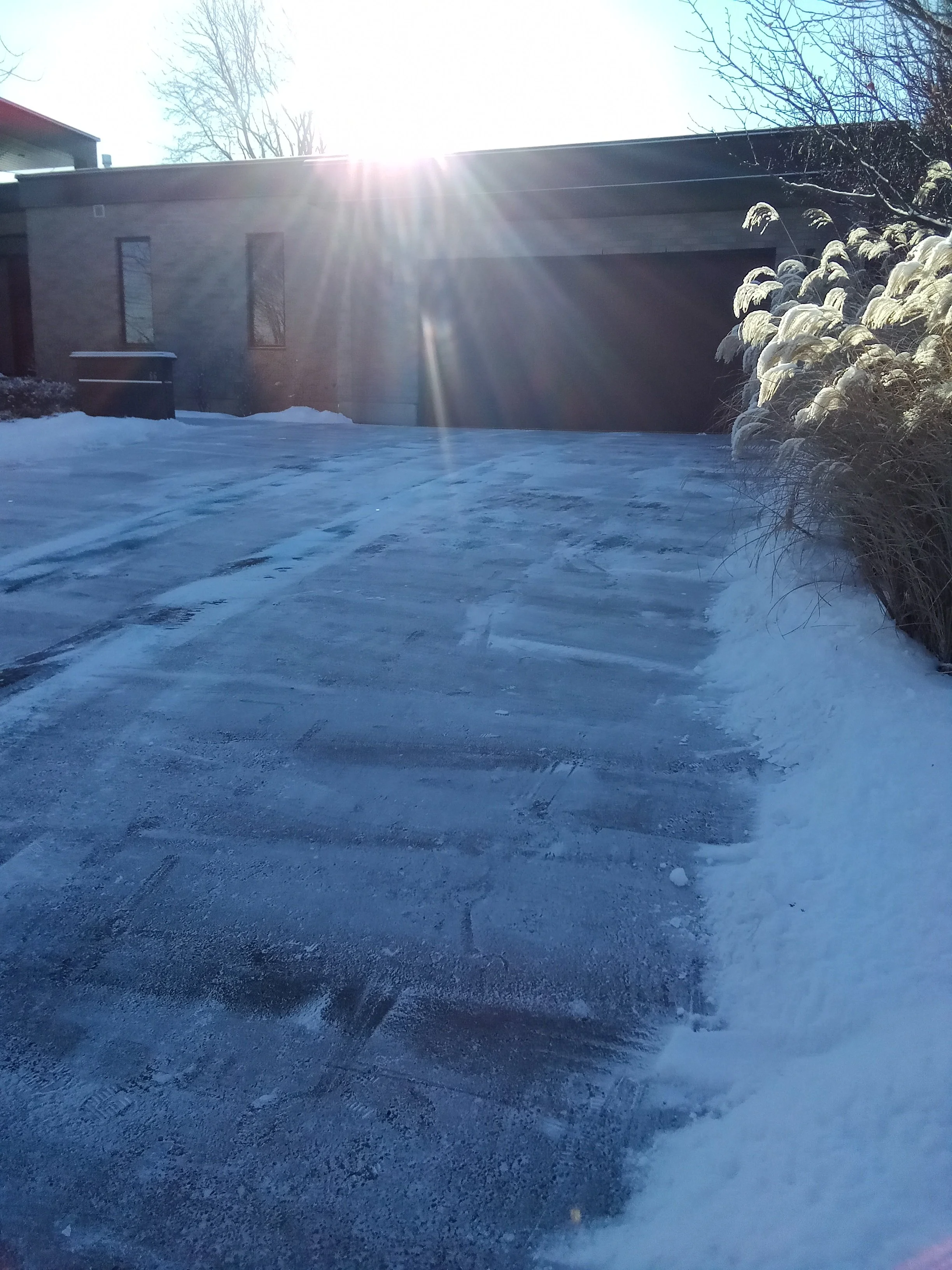 Snow-covered driveway with tire tracks leading to a modern house, with the sun shining brightly and creating glare in the sky. Snowy plants are on the right side of the image.