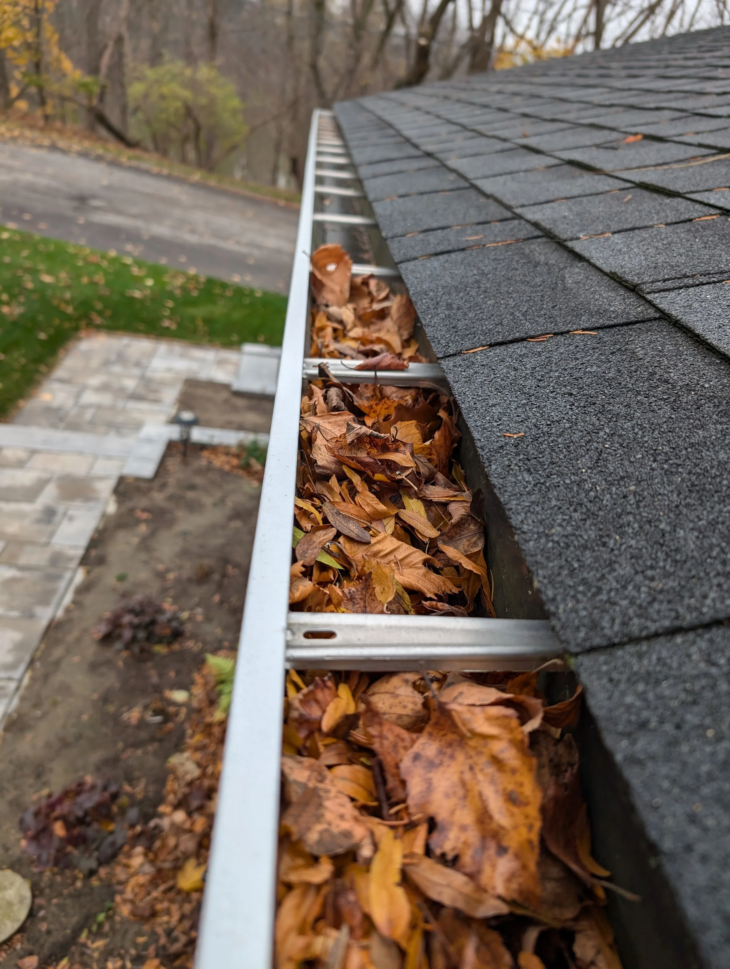 Close-up of a roof gutter filled with fallen autumn leaves, with the roof's shingles visible on the right side of the image.