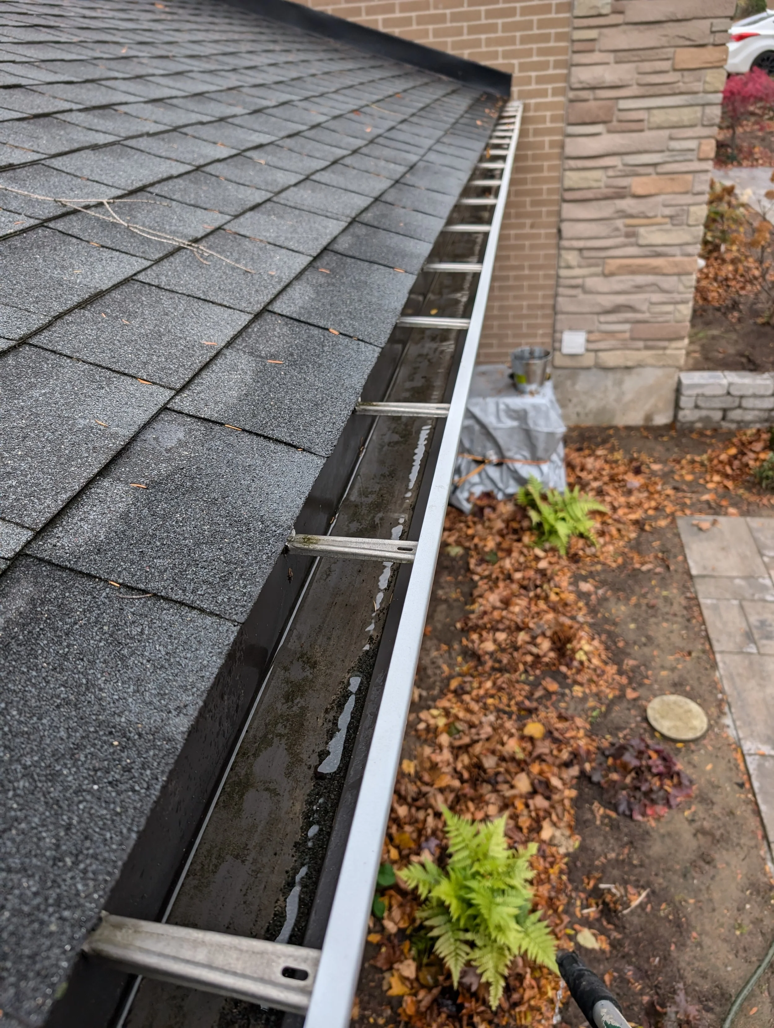 A close-up of a roof's gutter system with ladder rungs inside, showing wet debris and water, next to a brick house with autumn leaves on the ground.