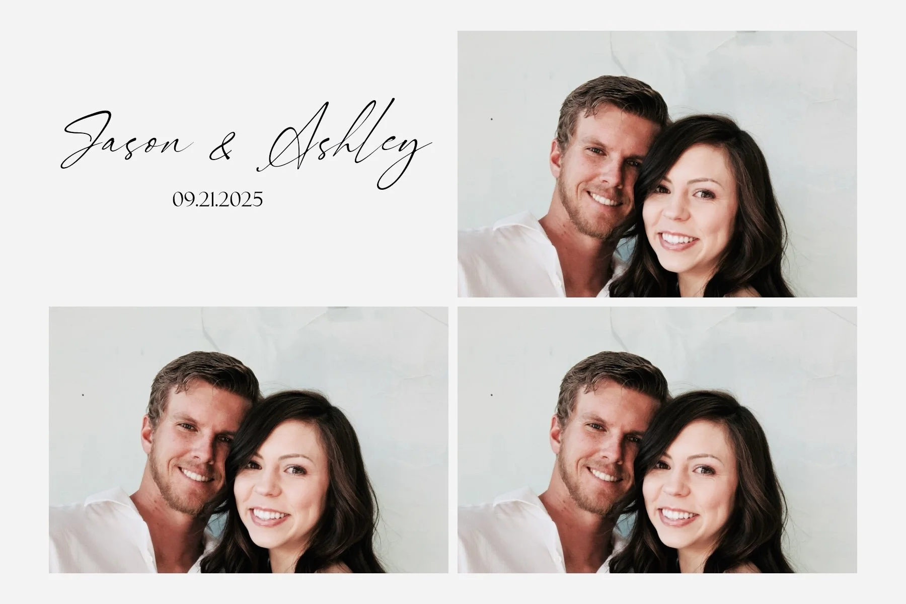 A collage with a white background and four photographs of a smiling couple. The upper left corner has the text "Jason & Ashley" in elegant cursive and the date "09.21.2025" below it.