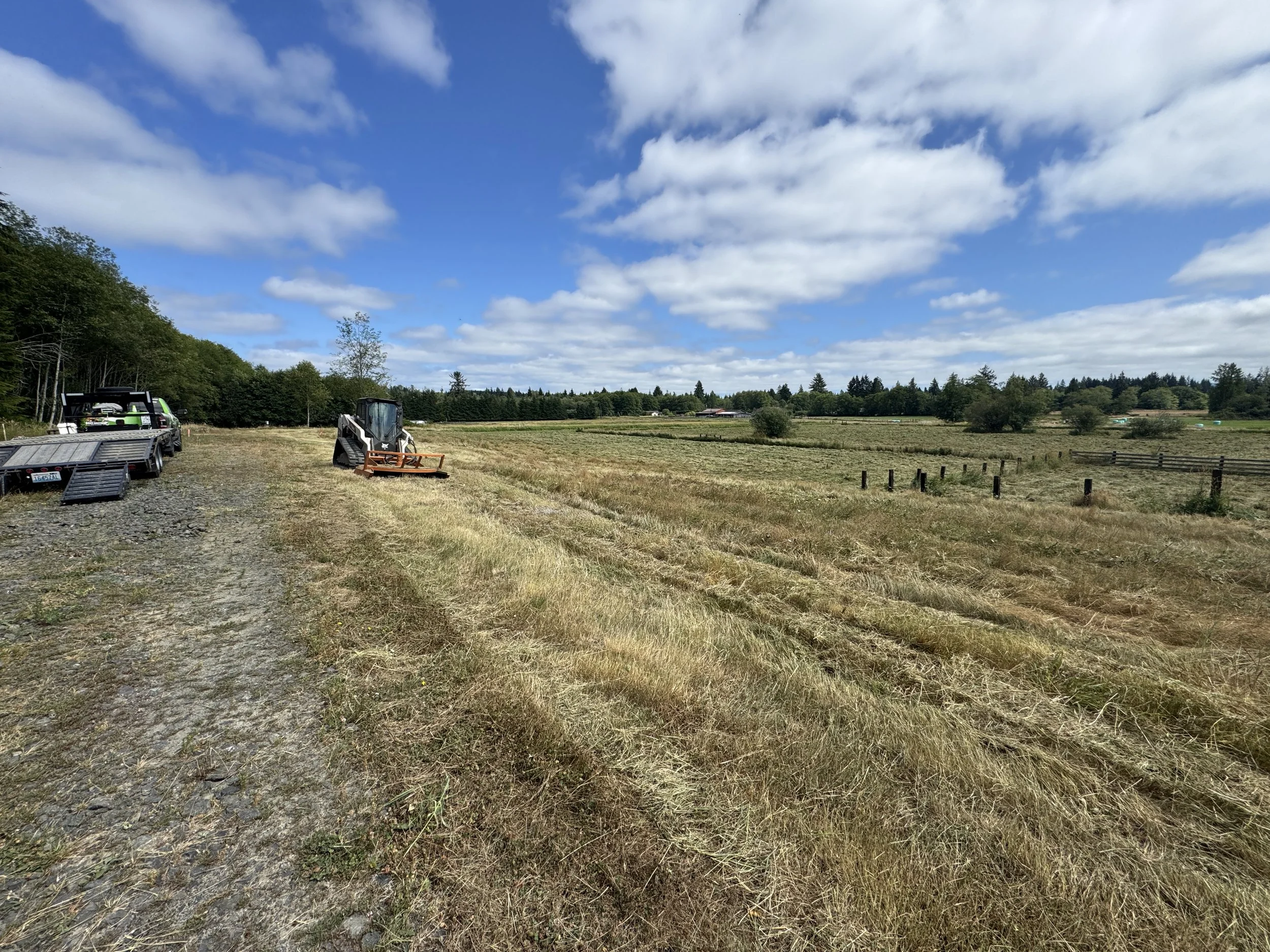 A Bobcat t62 track loader  with a Davco 72" brush hog, Open field with machinery, trees, and a blue sky with clouds.