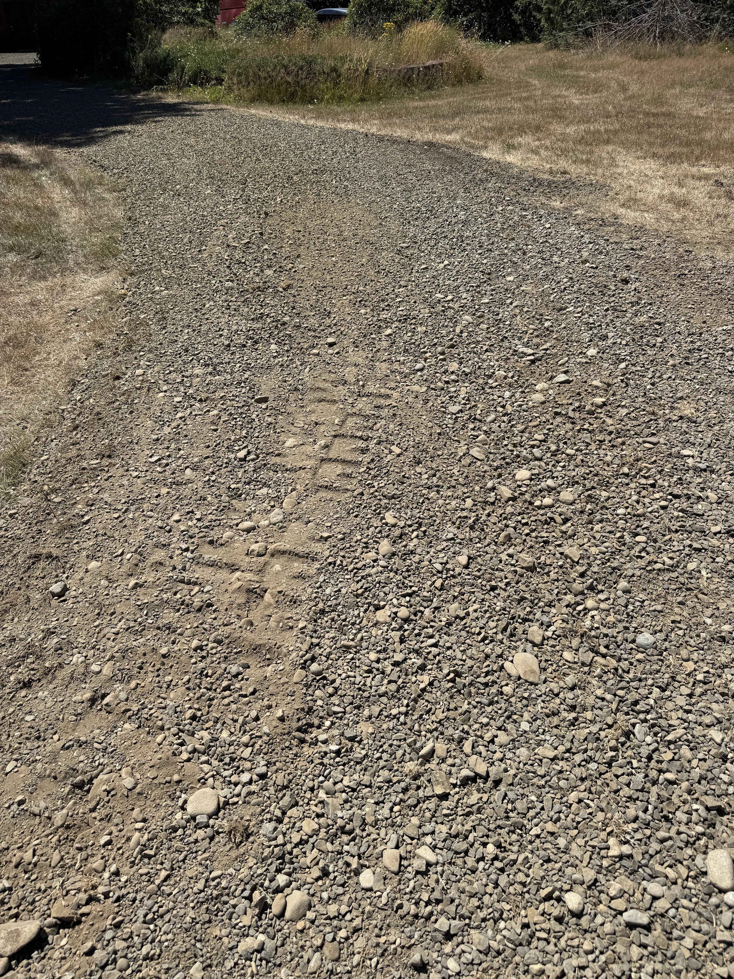 A dirt and gravel road with shoe prints visible on the surface, surrounded by grass and some bushes, with trees and a red building in the background.