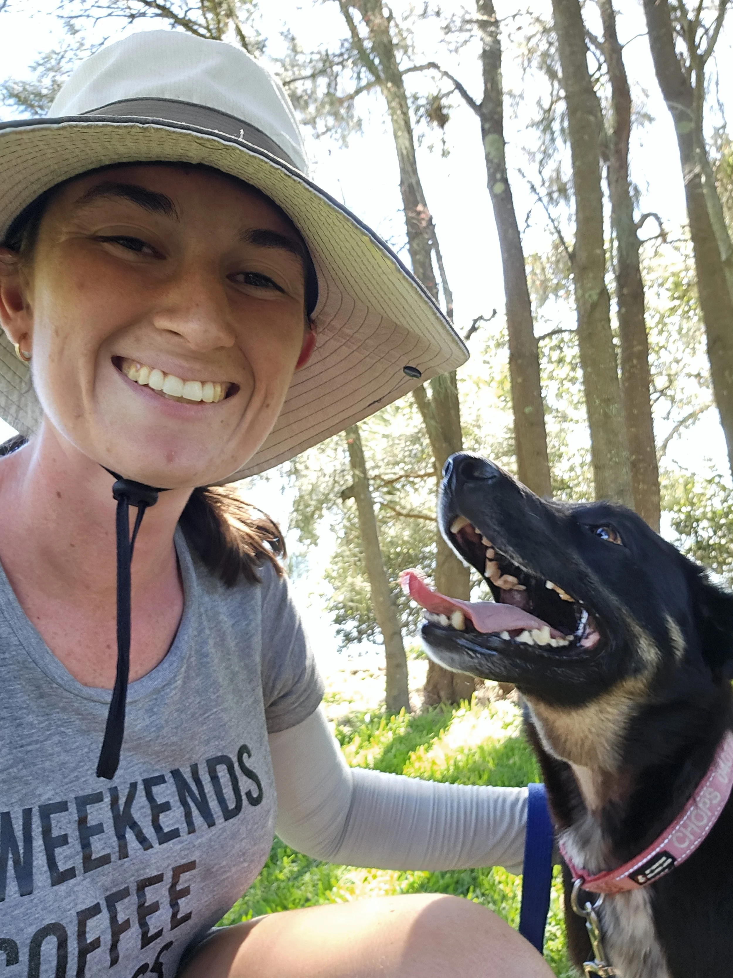 A selfie with a Kelpie smiling on their walk