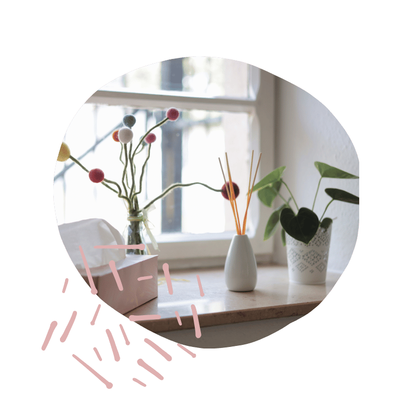 Blumen und Zimmerpflanze auf Fensterbank mit Dekorationen