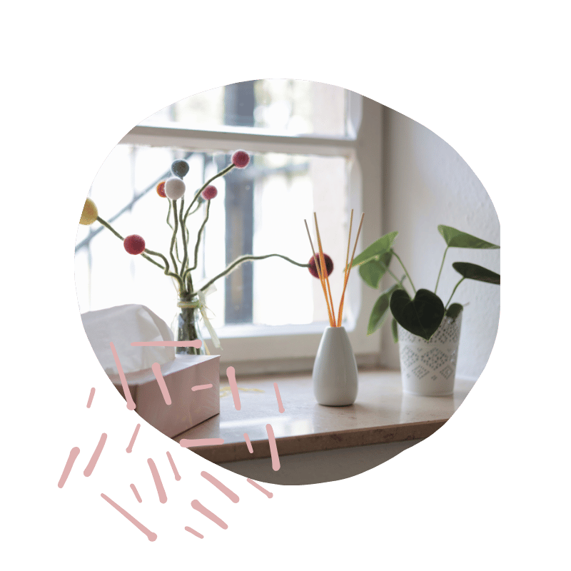 Blumen und Topfpflanzen auf einem Fensterbrett