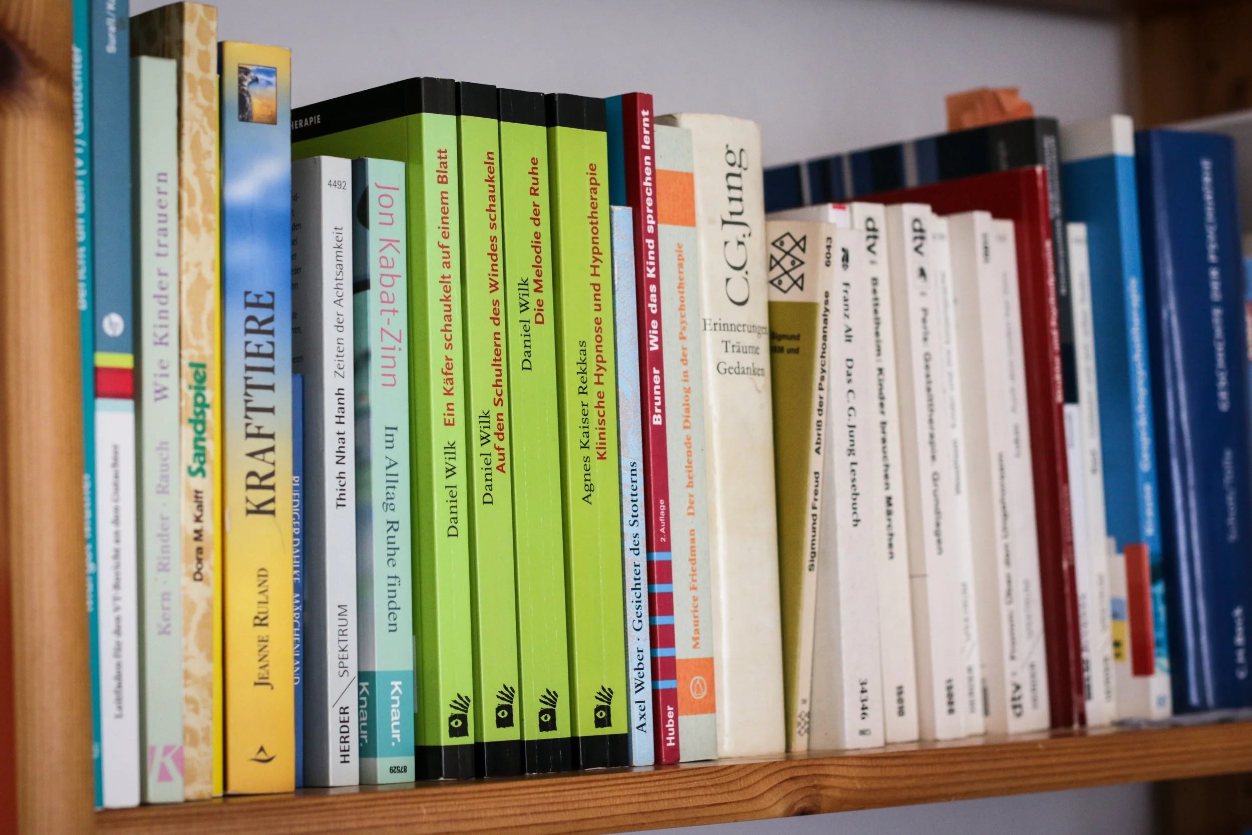 Buchregal mit verschiedenen deutschen Büchern zu Themen wie Therapie, Psychologie, und Literatur.