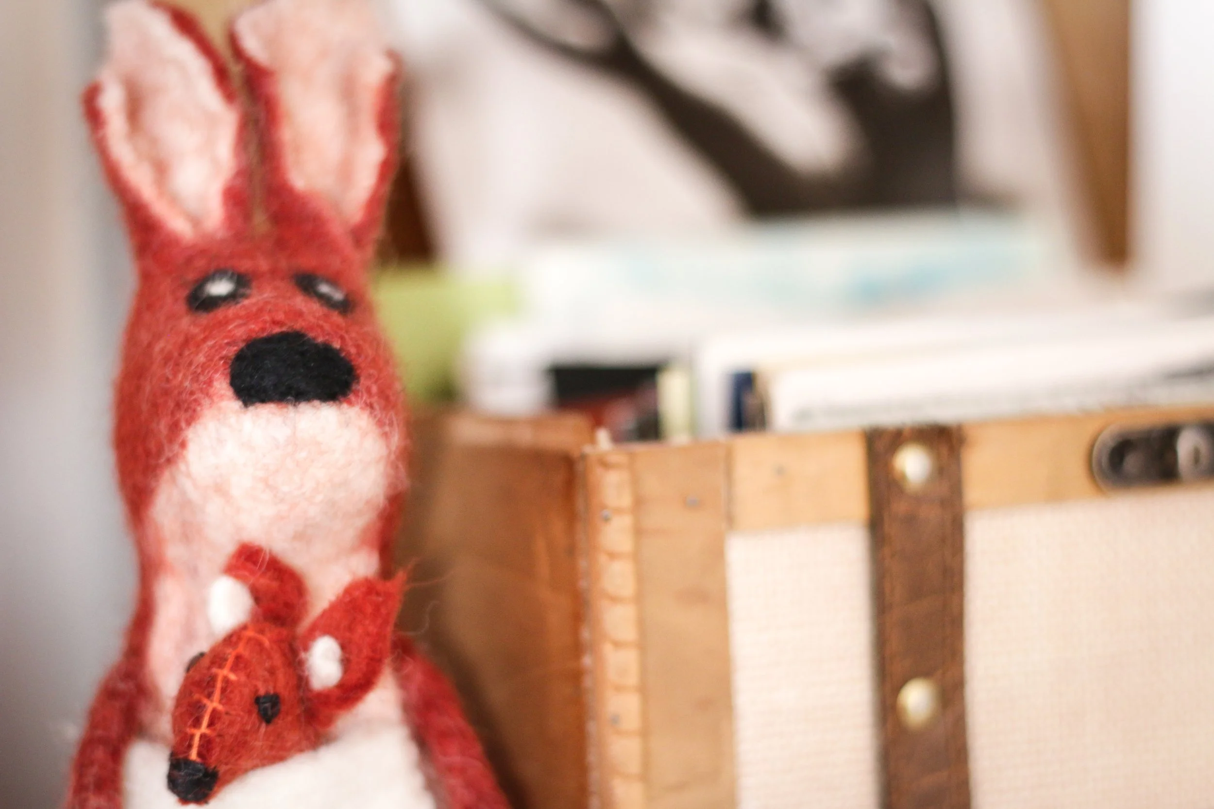 Fell-Figur eines roten Fuchses mit schwarzen Augen und Nase, neben einem Holztruhe mit Büchern, unscharfer Hintergrund.