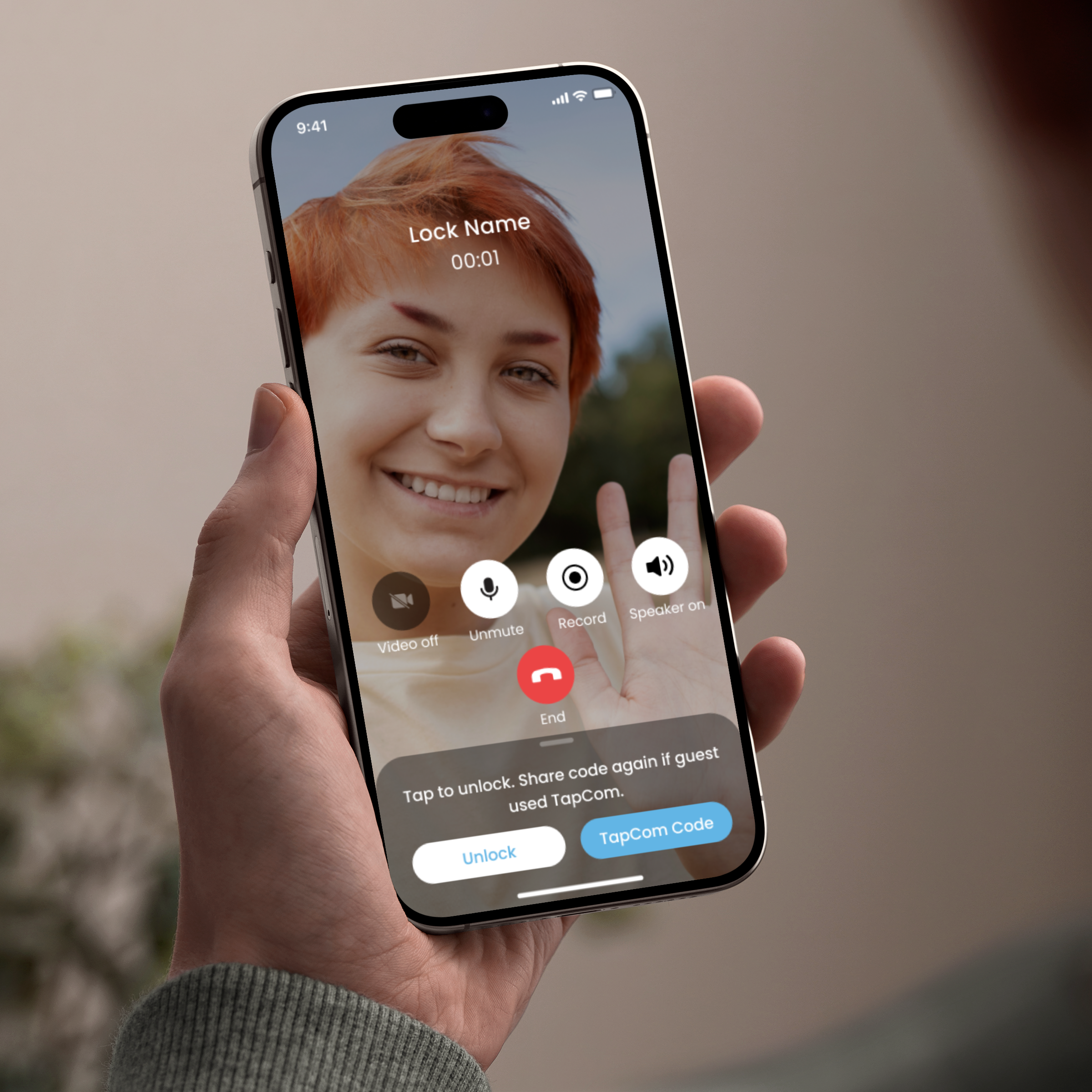 Lockly TapCom video call displayed on a smartphone, showing app-free resident communication and remote unlocking features.