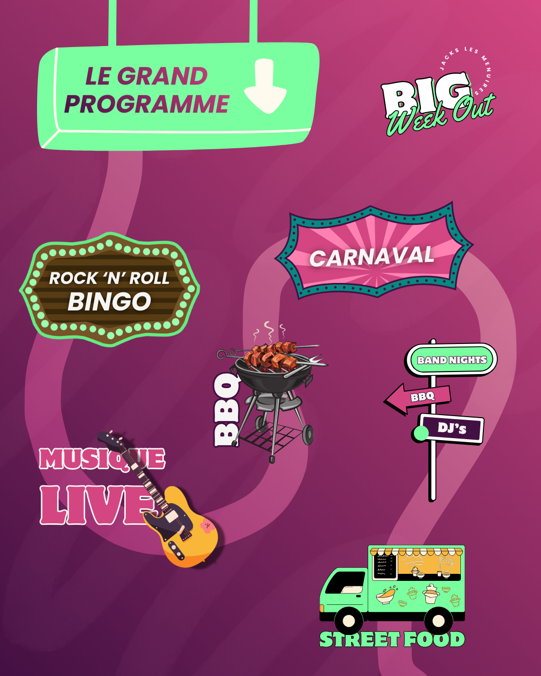 Event schedule poster featuring various activities such as a carnival, rock 'n' roll bingo, street food truck, live music with guitar, barbecue grill, and a sign for band nights with DJ's, all set against a purple background.