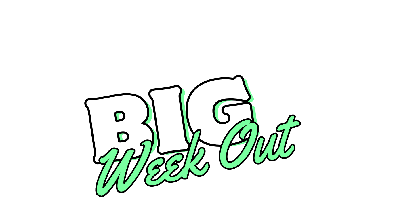 Logo for Big Week Out featuring the words 'Big' in large white letters, 'Week Out' in green cursive, and text 'Jacks Les Menuires' in a circular arrangement