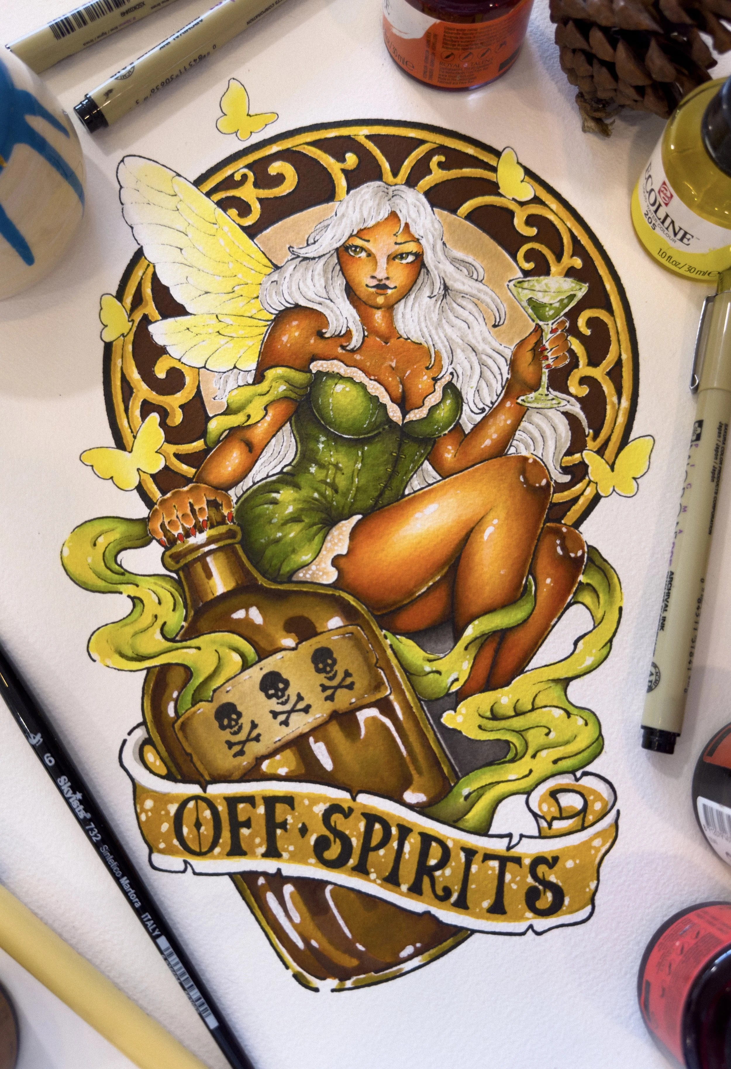 Colorful illustration of a fairy woman with white hair and wings, sitting on a bottle labeled 'OFF SPIRITS,' holding a martini glass, surrounded by yellow butterflies and yellow smoke, with the words 'OFF SPIRITS' on a banner.
