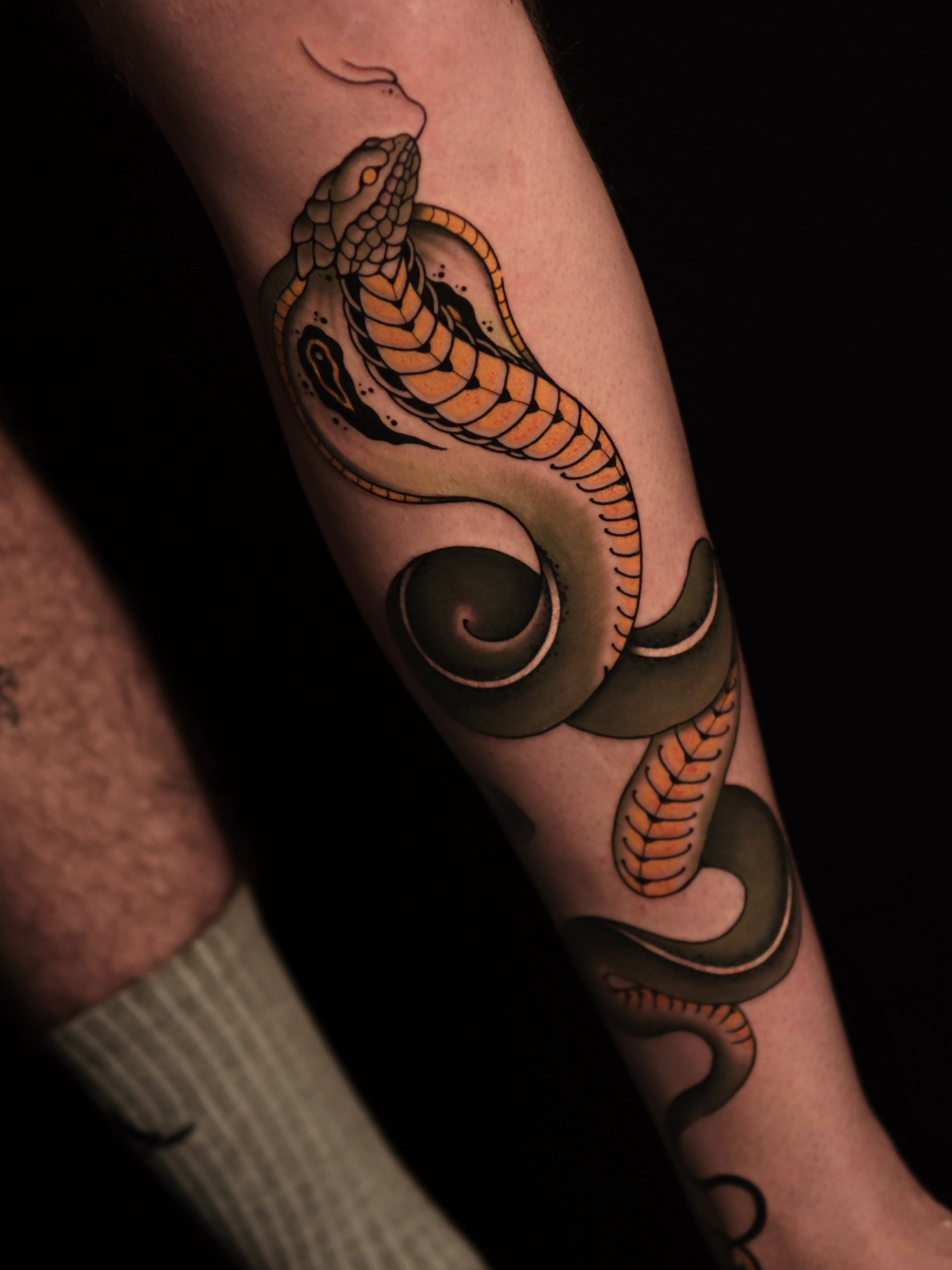 A tattoo of a snake on a person's arm. The snake is coiled and depicted in orange, black, and gray colors, with detailed scales and a forked tongue.
