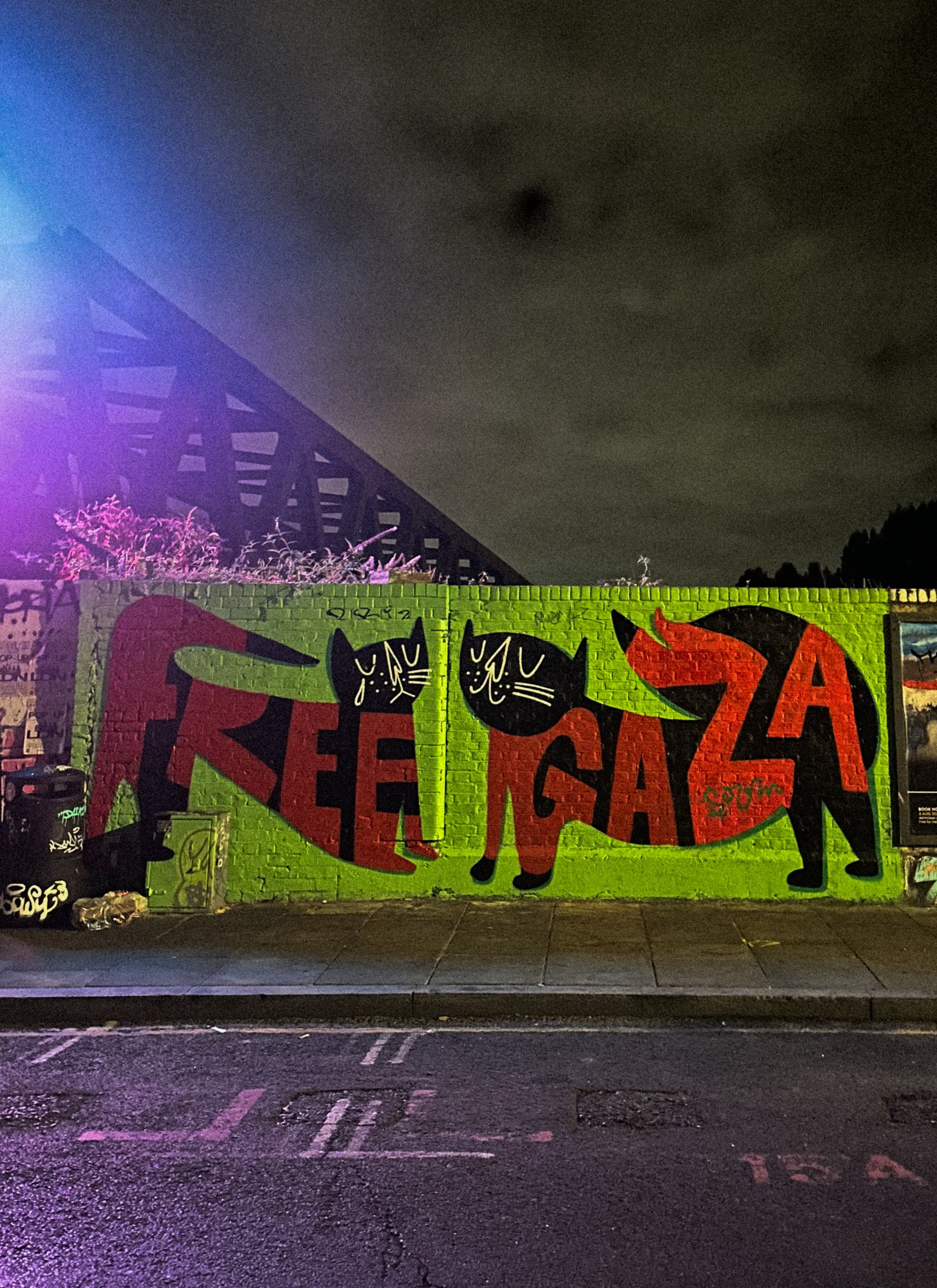 Colorful mural of two cats on a brick wall, with graffiti, neon lights, and a bridge in the background at night.
