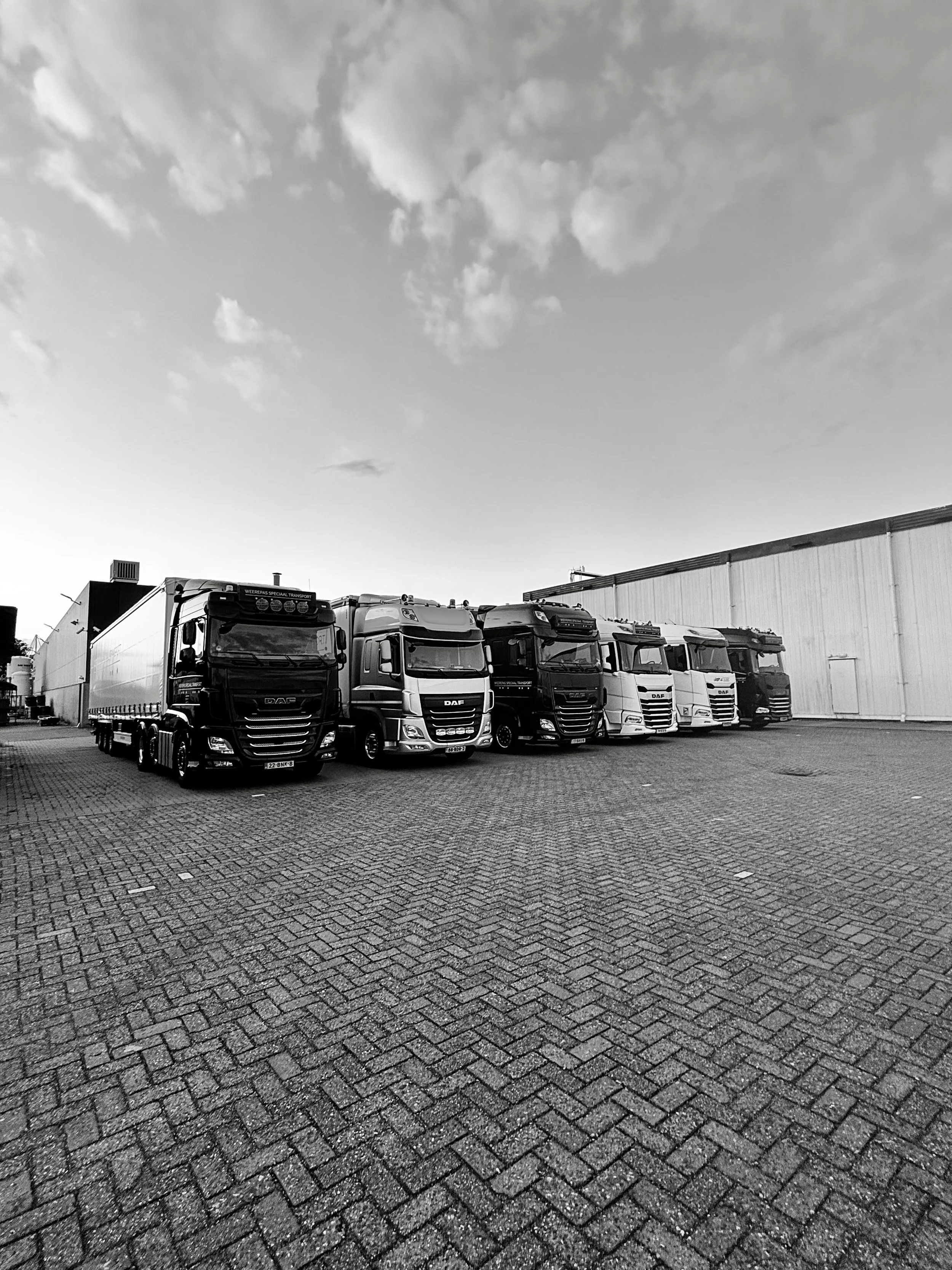 Rij vrachtwagens geparkeerd langs een industrieel gebouw onder een bewolkte hemel.