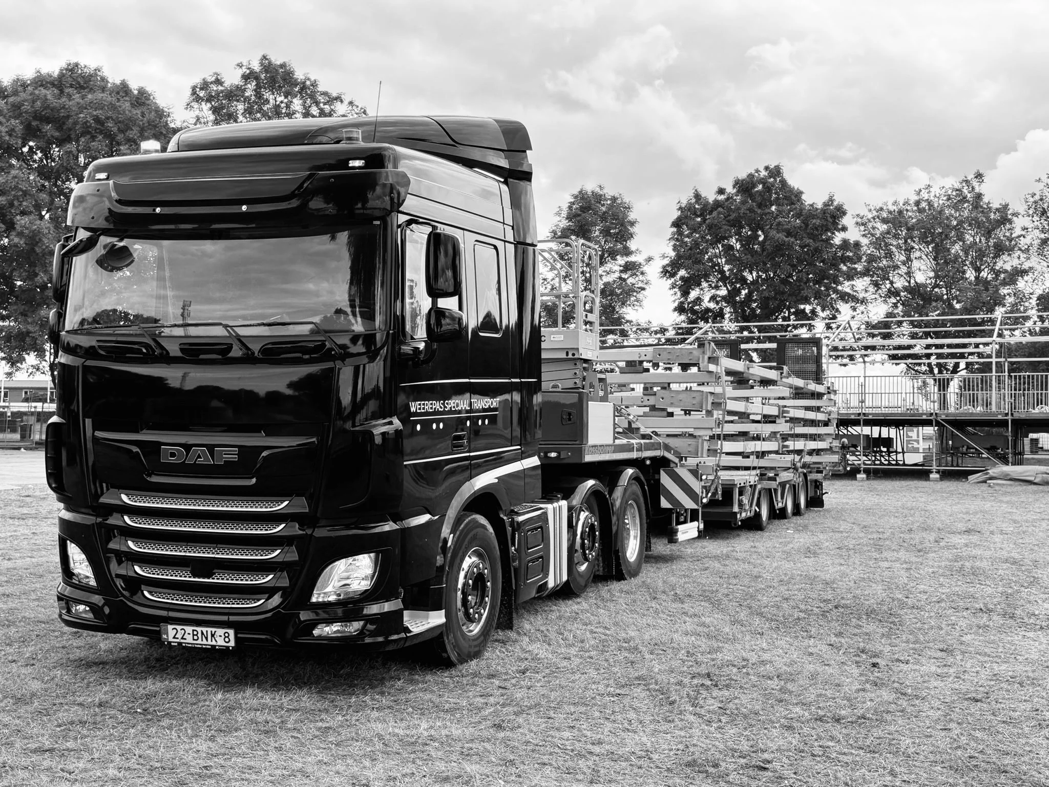 Een zwart DAF vrachtwagen met een laadplatform geladen met metalen constructiematerialen, geparkeerd op een grasveld met bomen en een bewolkte hemel op de achtergrond.