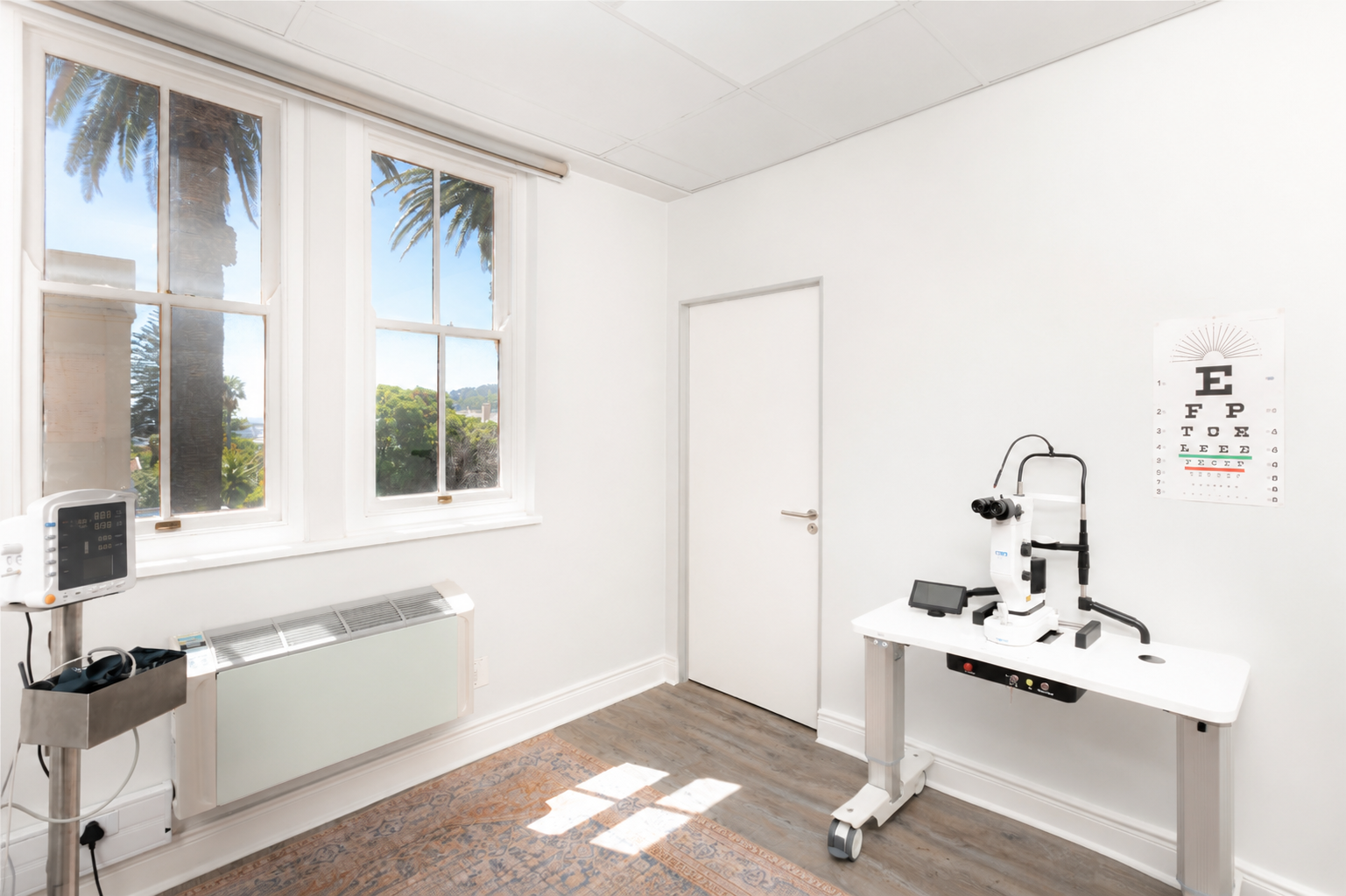 A bright medical examination room with white walls and large windows showing palm trees outside. There is a medical device on a stand on the left and an eye chart on the wall on the right. A microscope is placed on a white table in the corner.