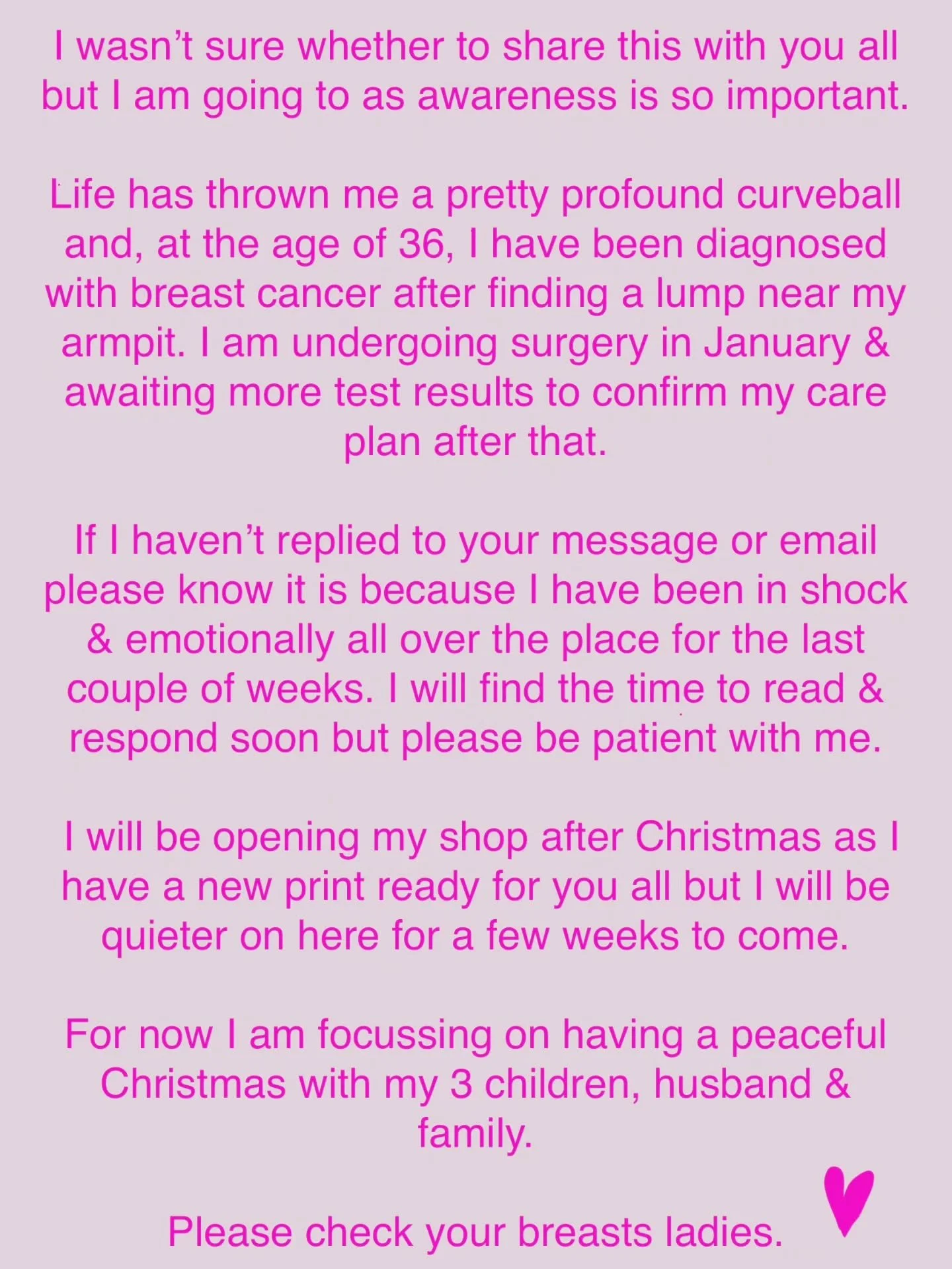 Some difficult news to share. Thank you for all of the support this year. This isn't how I expected 2025 to end 🩷🎀
I've got a new print ready for you &amp; I'll open my shop for a few days after Christmas 🥔🐾
.
#breastcancerawareness #checkyourbre