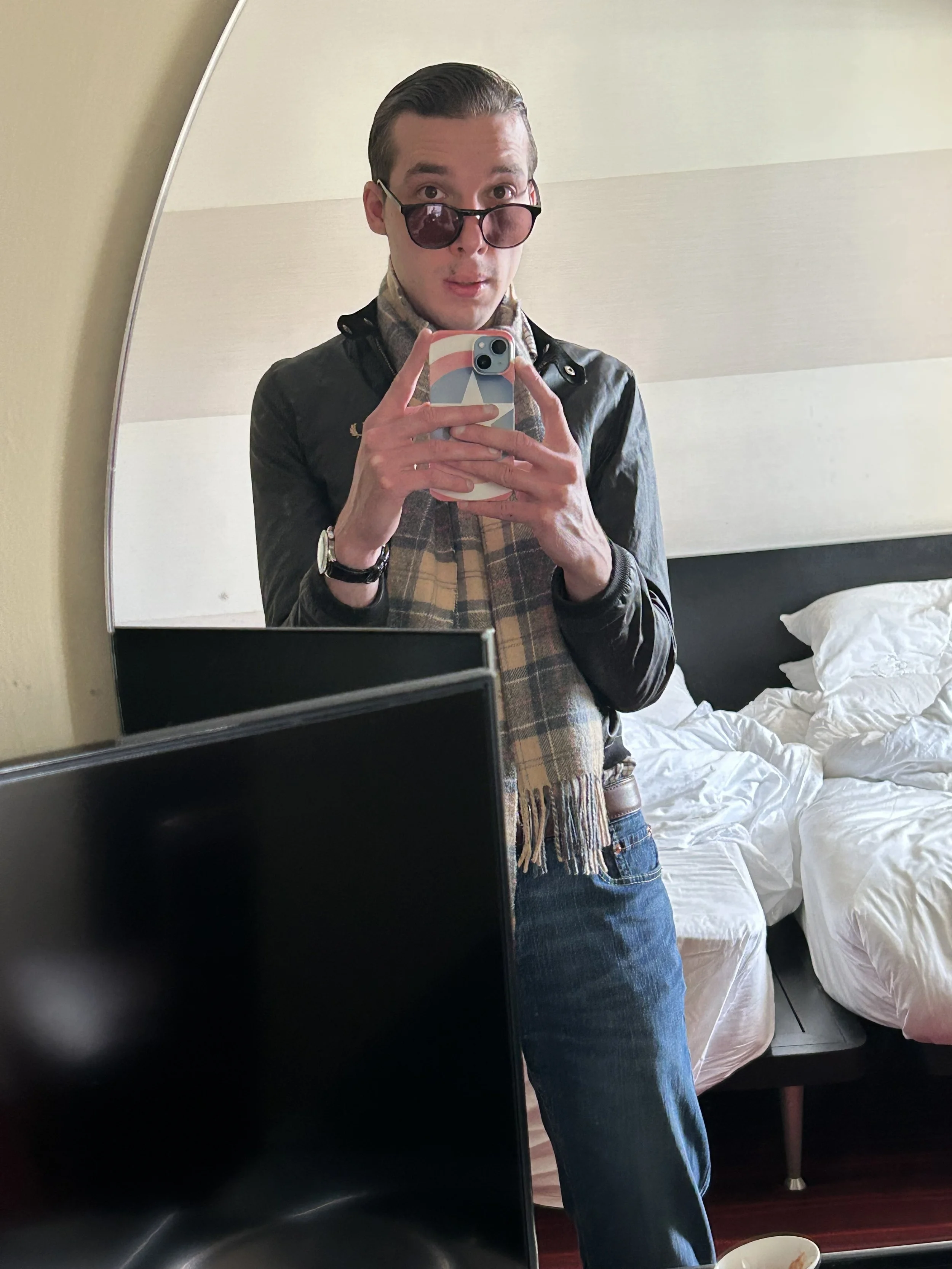 The No Paparazzi Outfit with Barbour Scarf, Fred Perry Harrington Jacket and Hackett Sunglasses  (October 2025)