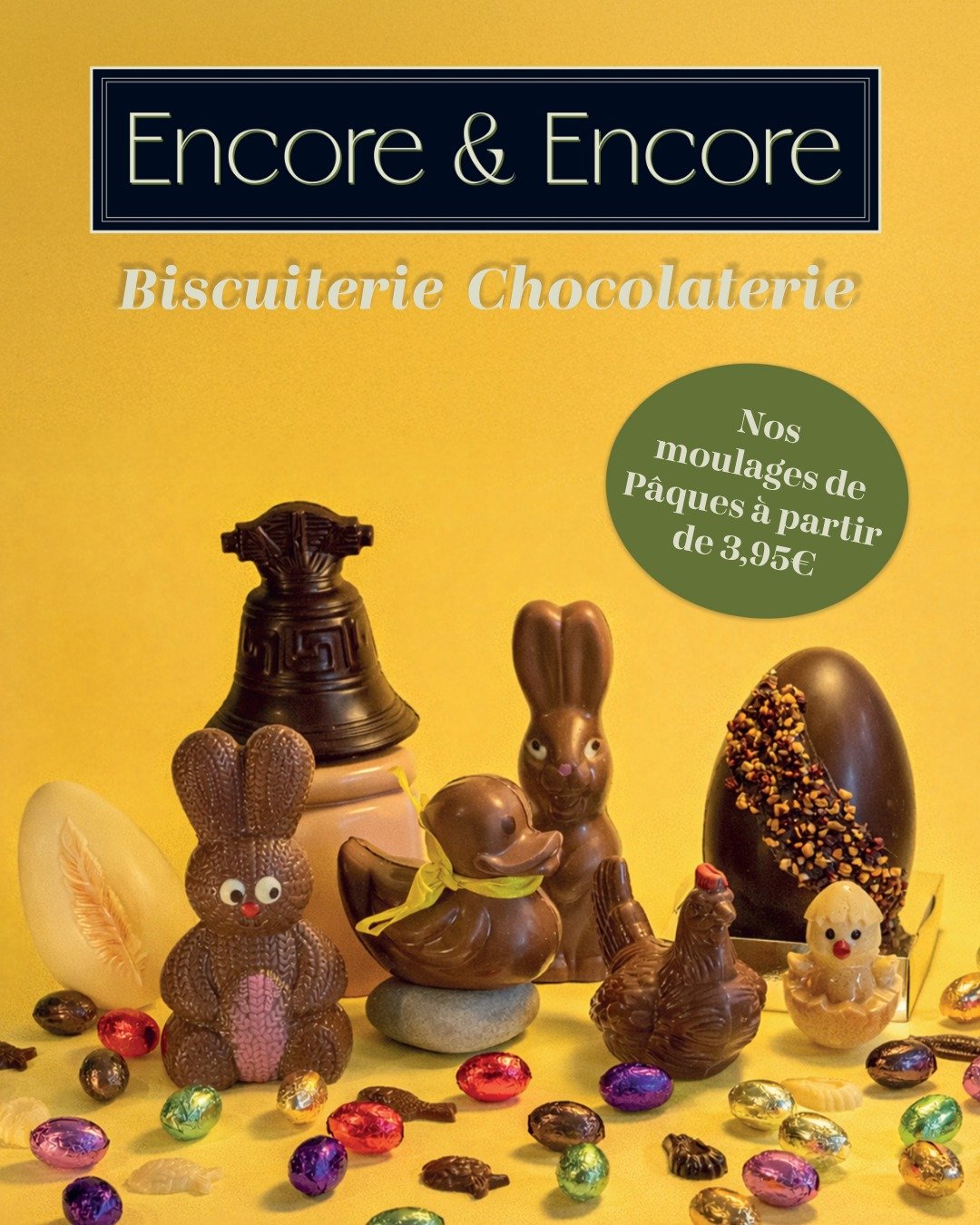 Venez d&eacute;couvrir notre collection exclusive de P&acirc;ques chez Encore &amp; Encore! 🐣🔔
Plus de 80 r&eacute;f&eacute;rences de chocolats, biscuits et douceurs, toutes tailles, et toutes formes, pour ravir vos sens. 
Rendez- vous en magasin p
