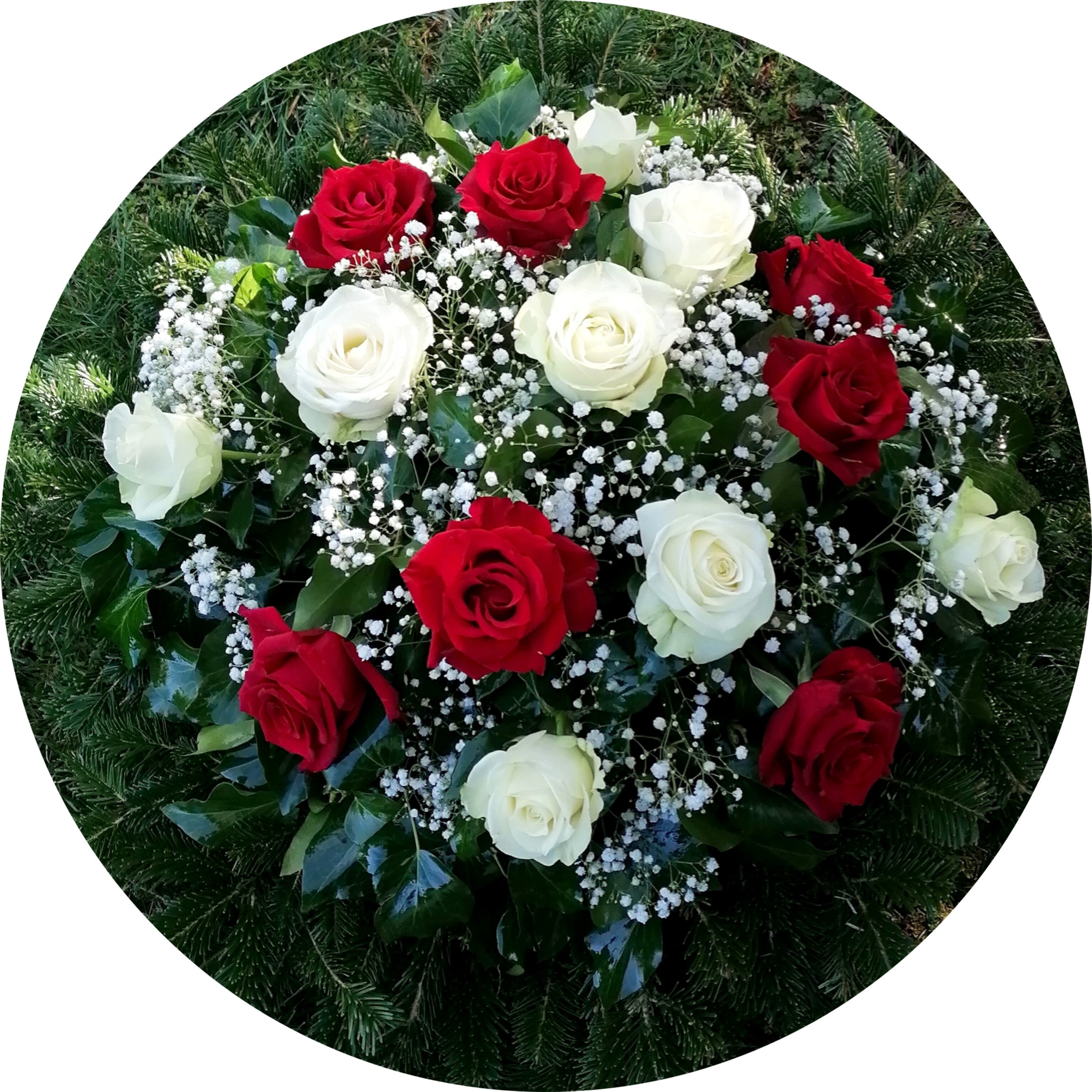 Vörös rózsa, fehér rózsa, fekvő koszorú