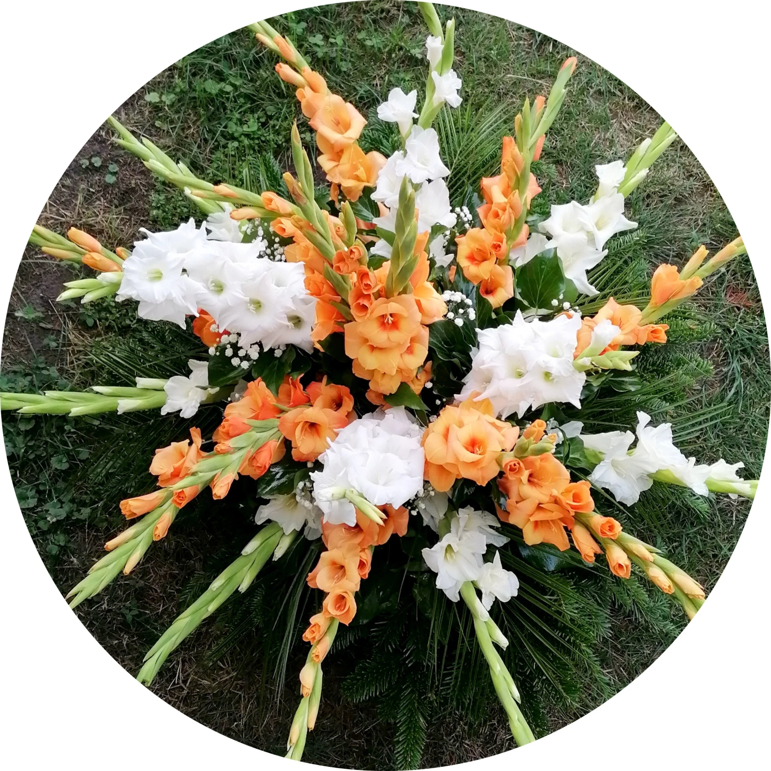 Fehér krizantém, narancs kardvirág, fekvő koszorú