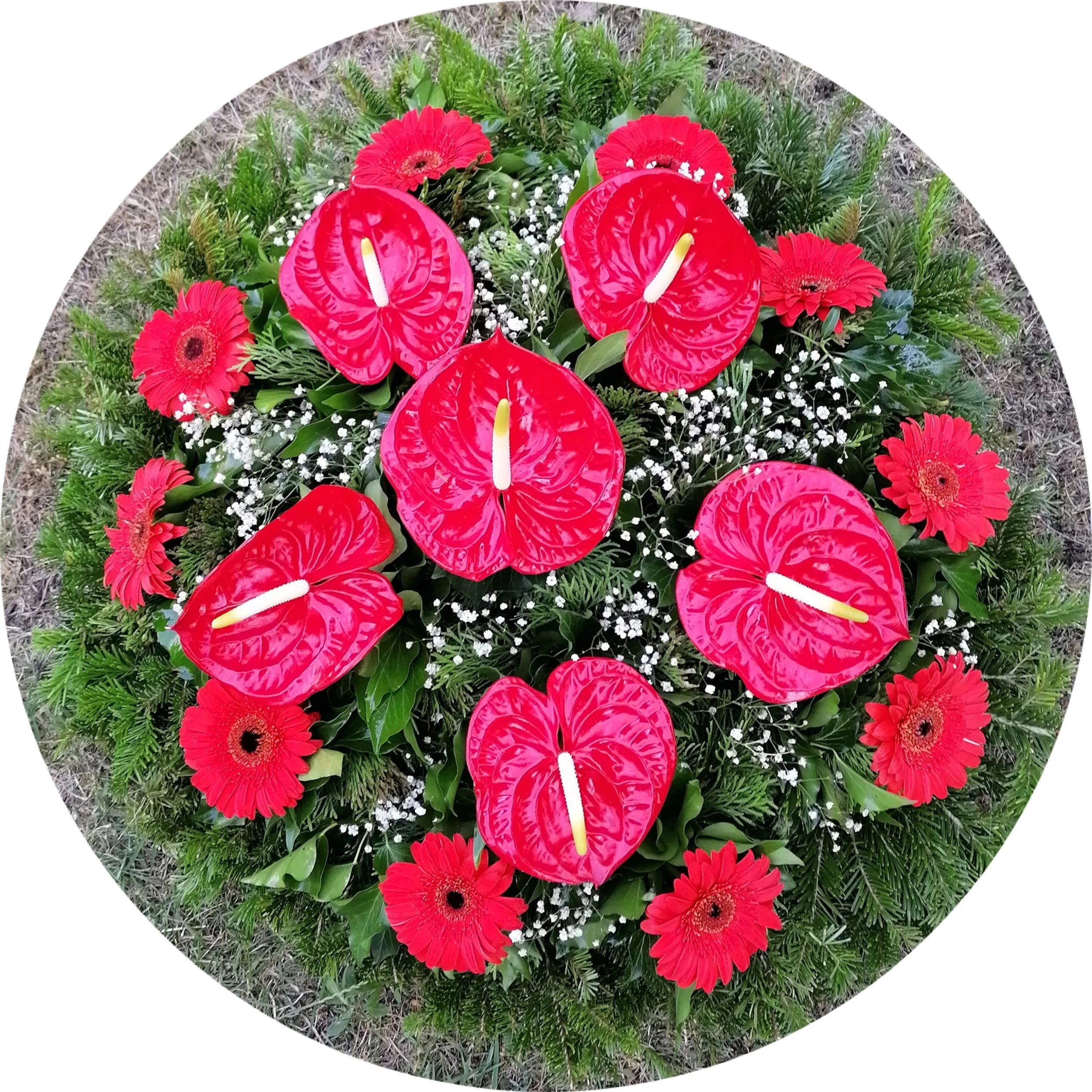 Piros flamingó, piros gerbera, fekvő koszorú