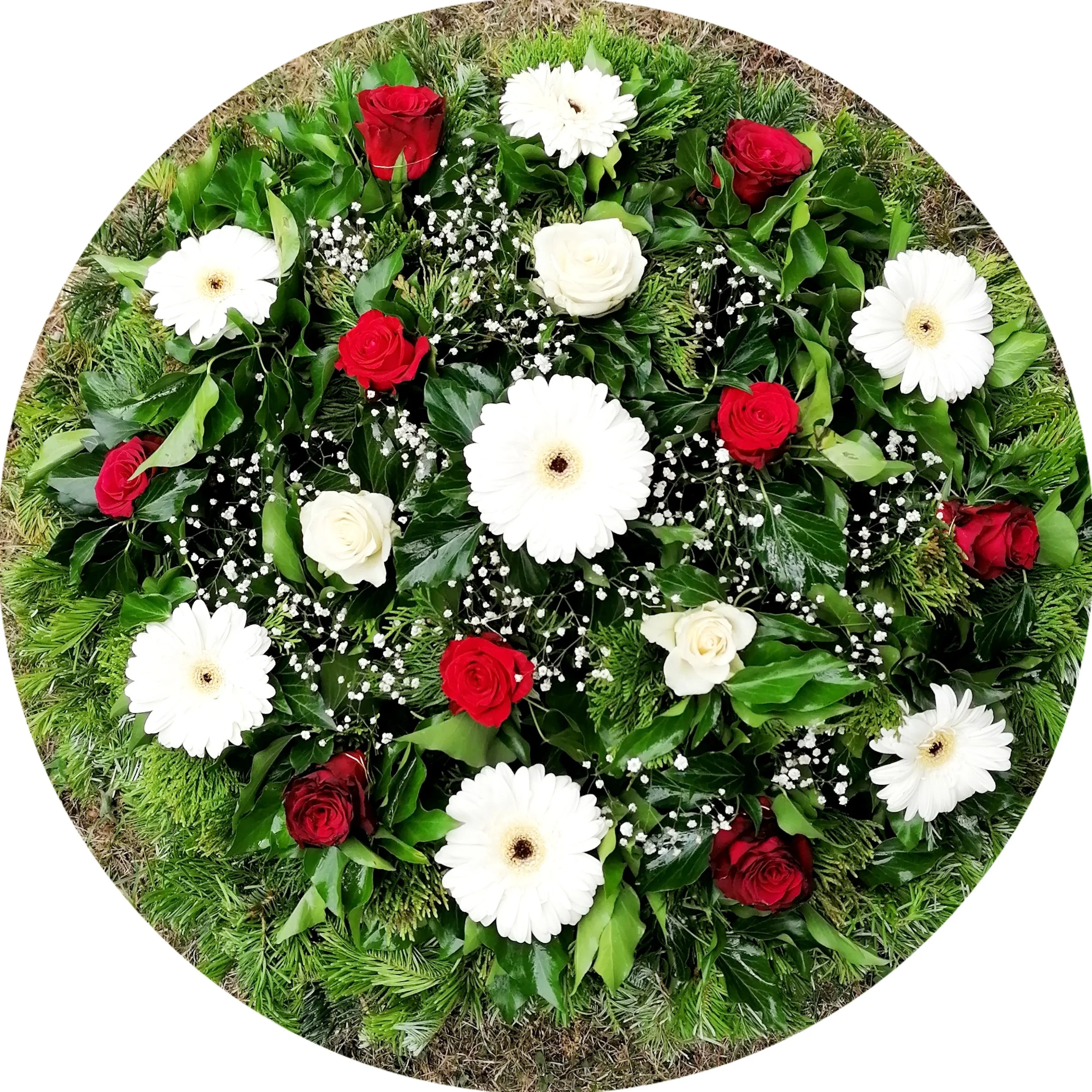 Fehér gerbera, vörös rózsa, fekvő koszorú