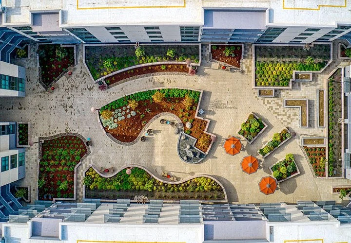 An aerial view of the rectangular courtyard shows how the playful, organic design seamlessly integrates with the modern, geometric building layout.