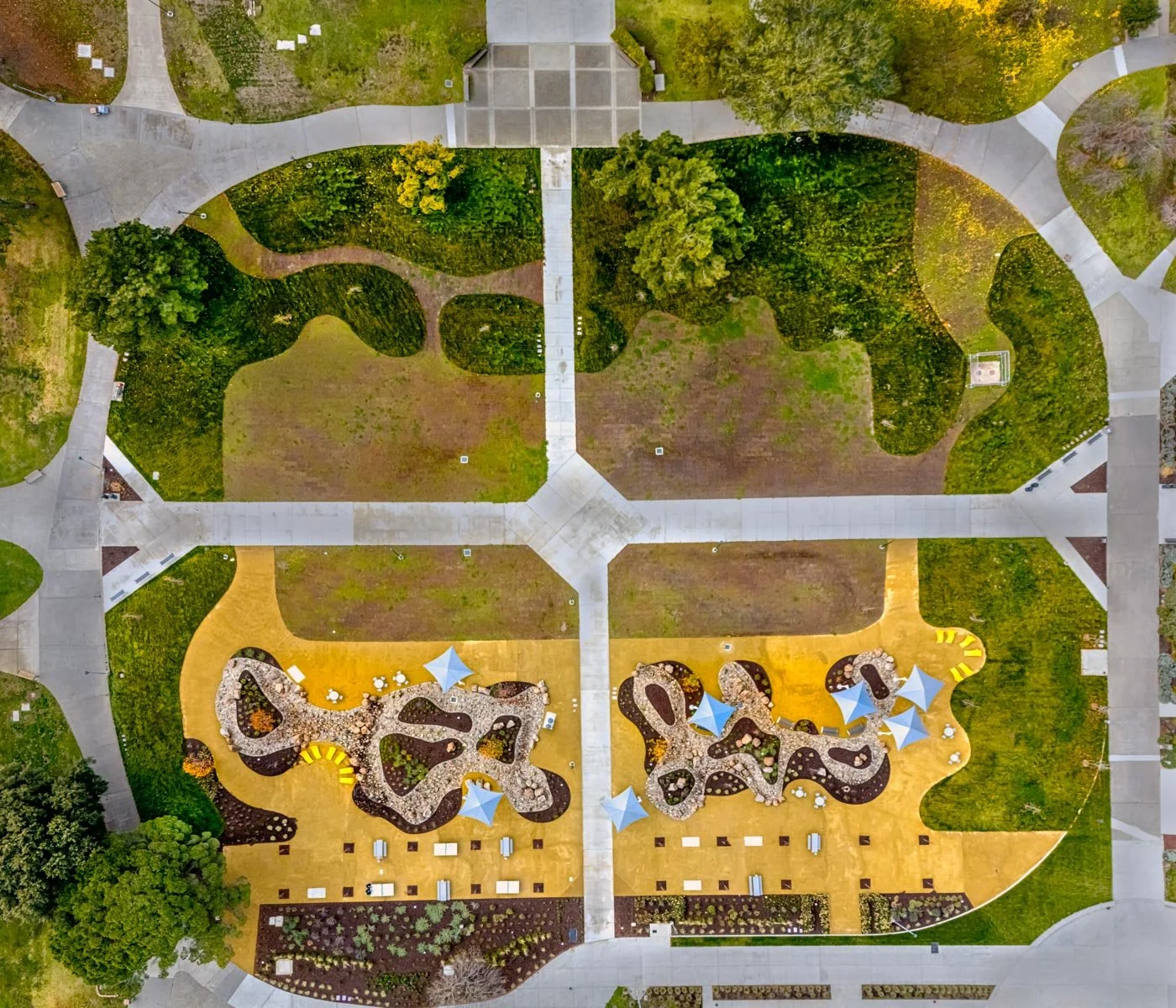 From above, the redesigned quad reveals an interconnected landscape of gathering spaces, planted corridors, and water-wise systems woven into the larger campus framework.