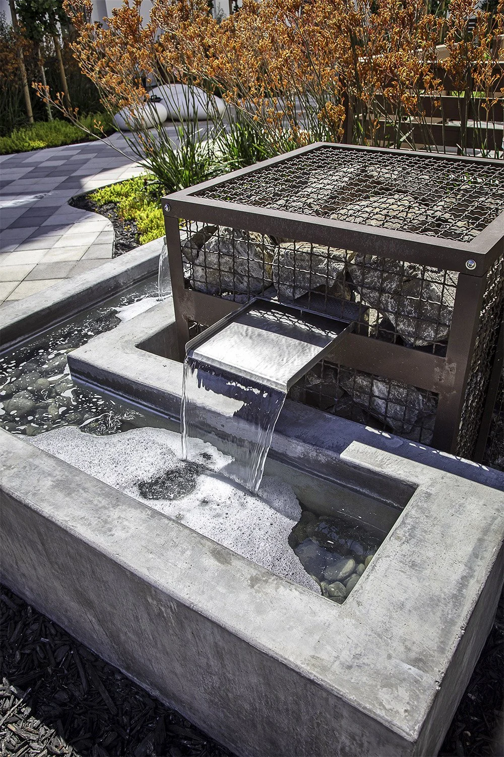 Sculptural gabion water features introduce movement and texture, creating intimate gathering moments along the central paseo.