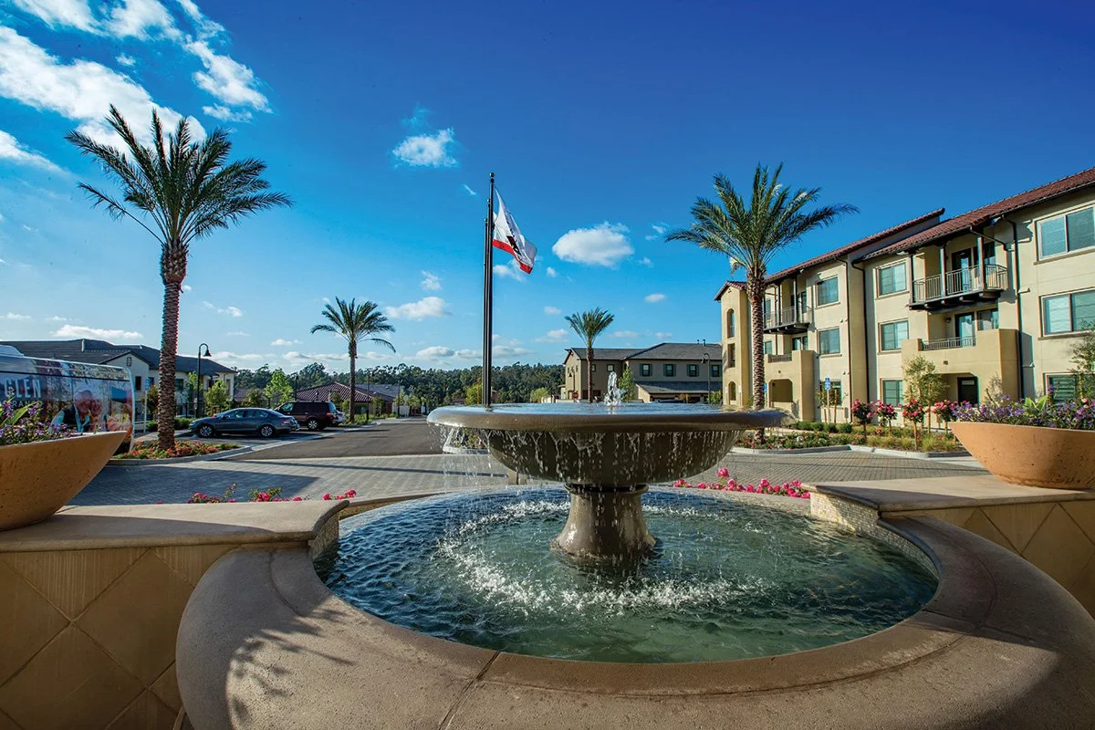 The porte cochere features palm trees and an elegant water feature welcoming visitors to the site.