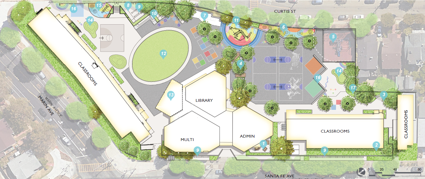 Curving play spaces, open sightlines, and shaded gathering areas organize the campus around movement, visibility, and everyday student interaction.