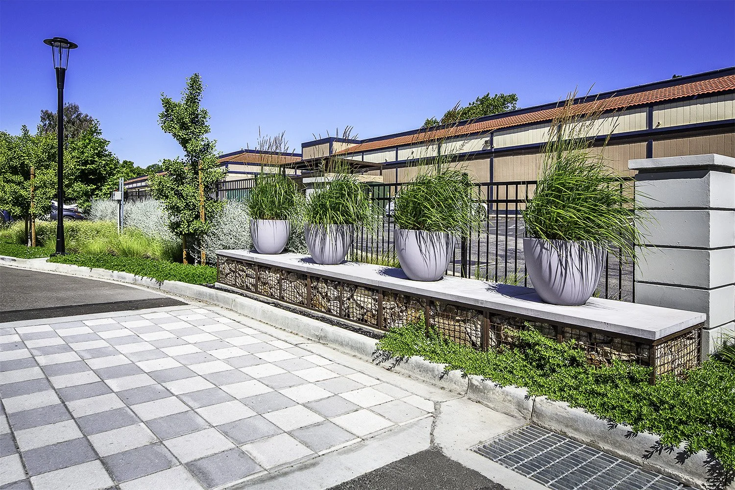 Linear gabion walls paired with rhythmic paving and bold container plantings complement the clean-lined residential architecture and reinforce the project’s contemporary character.