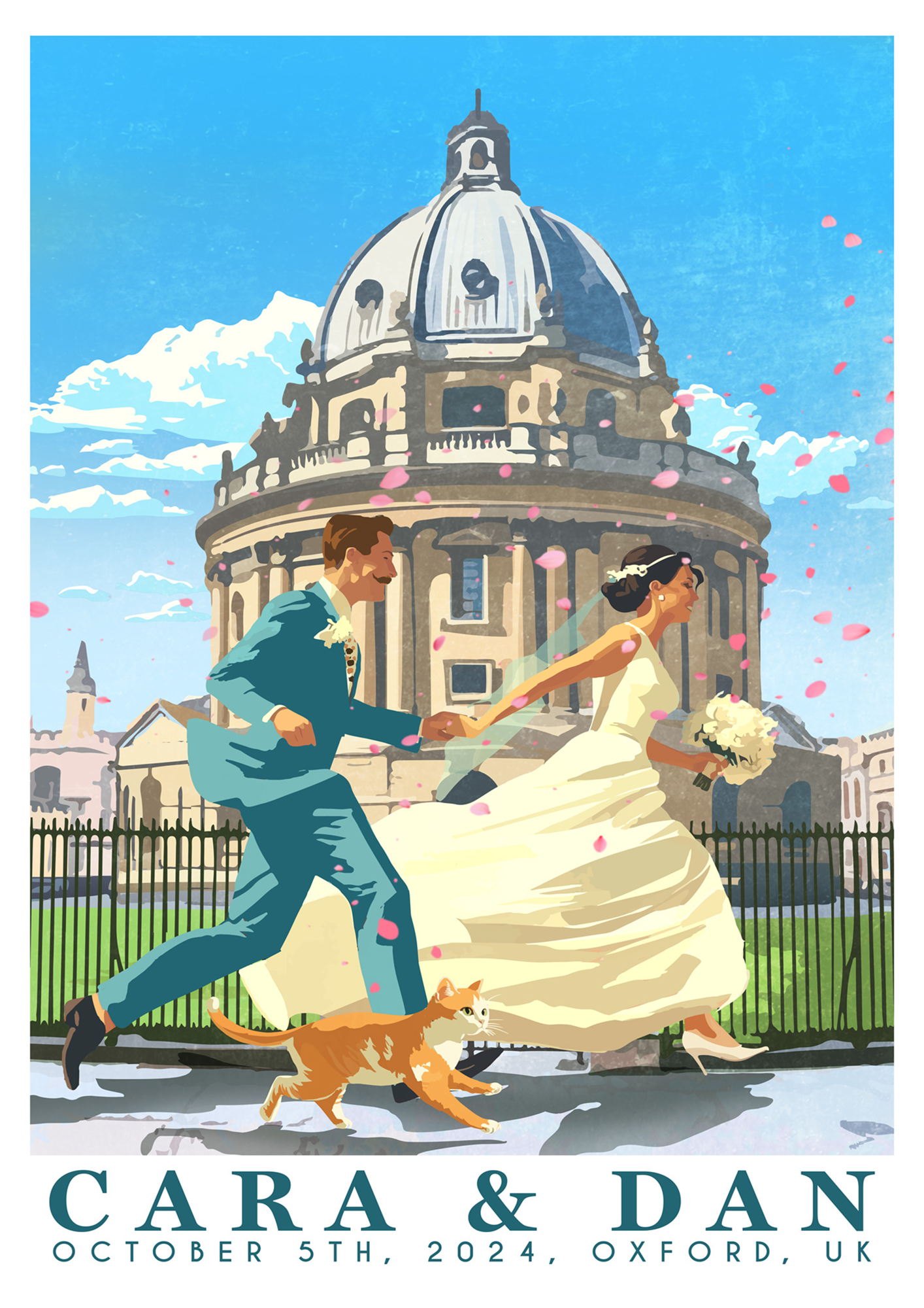 A bespoke vintage travel poster illustration showcasing a couple’s wedding destination, blending retro charm with personalized wedding themes.