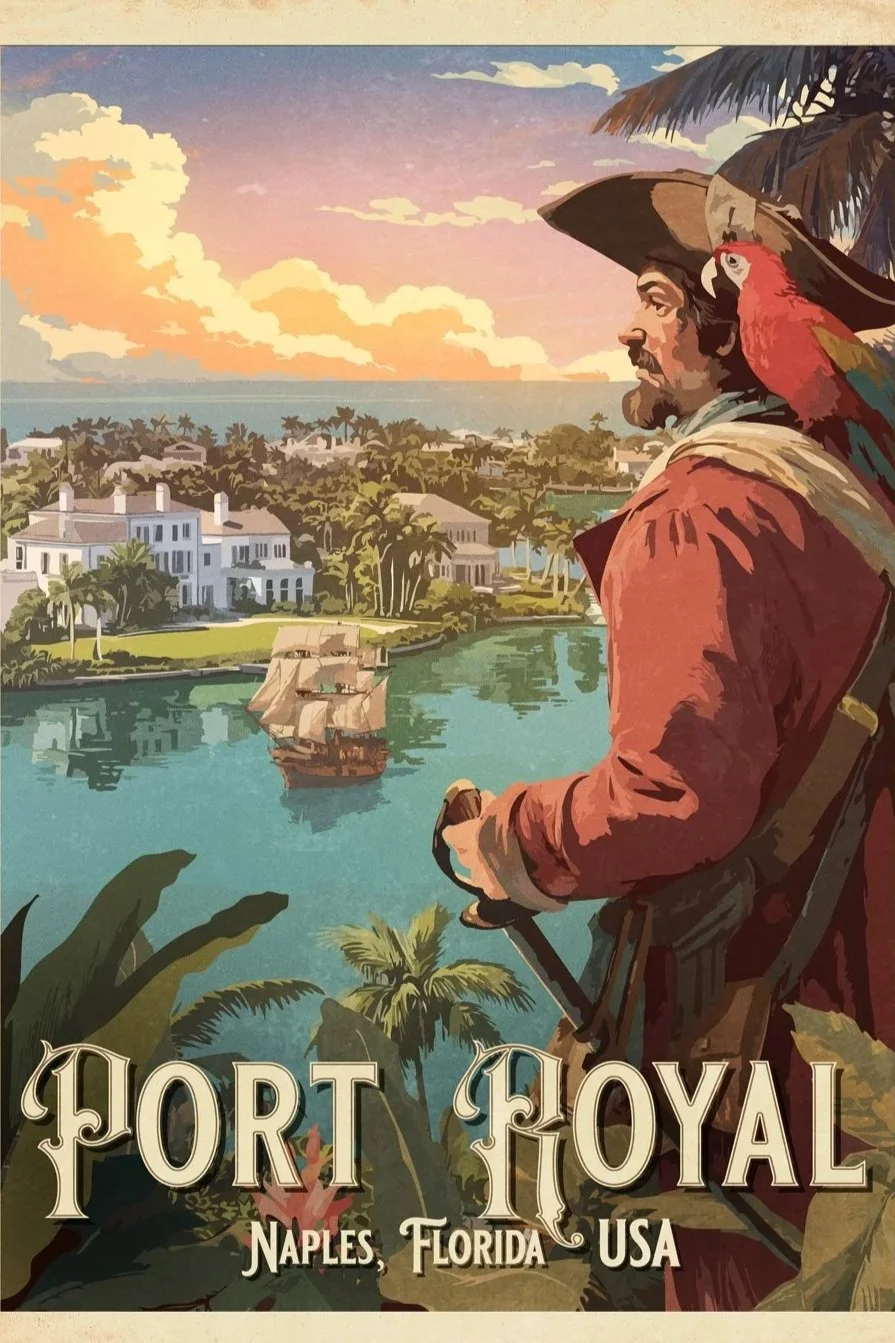 Custom retro travel poster design of Port Royal in Naples Florida USA