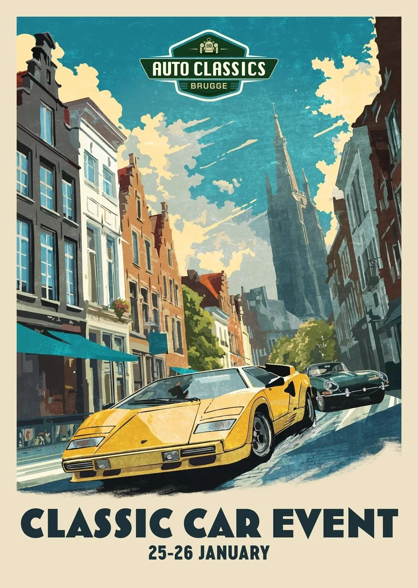 retro travel poster style design of a classic car event in Brugge