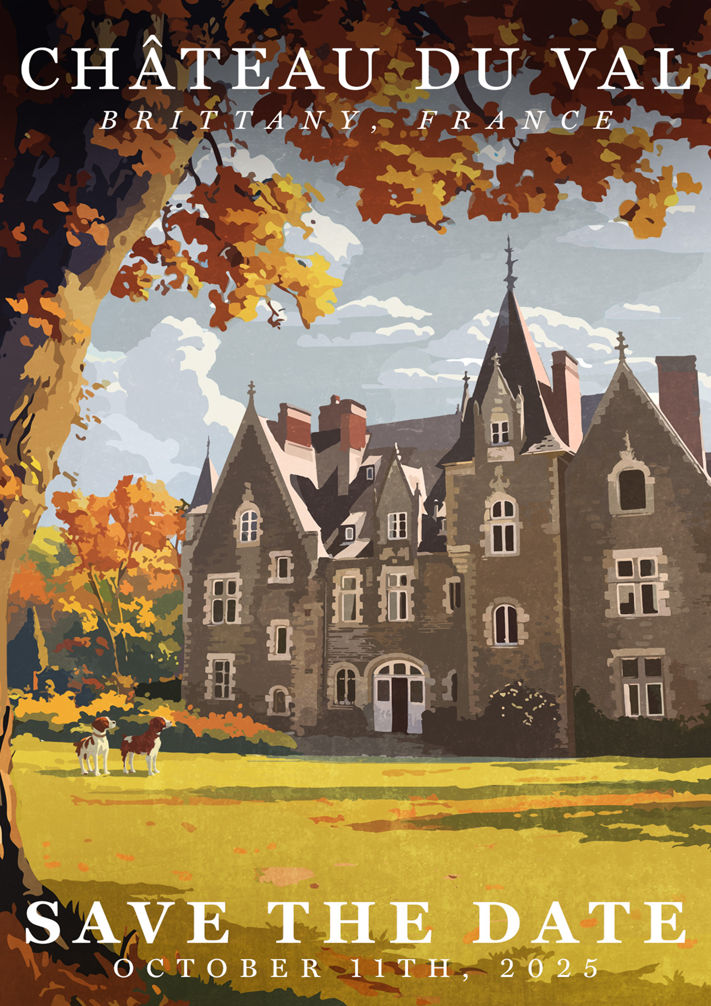 This wedding vintage illustration is styled as a classic travel poster design, capturing the couple’s special day venue in a timeless, vintage style.