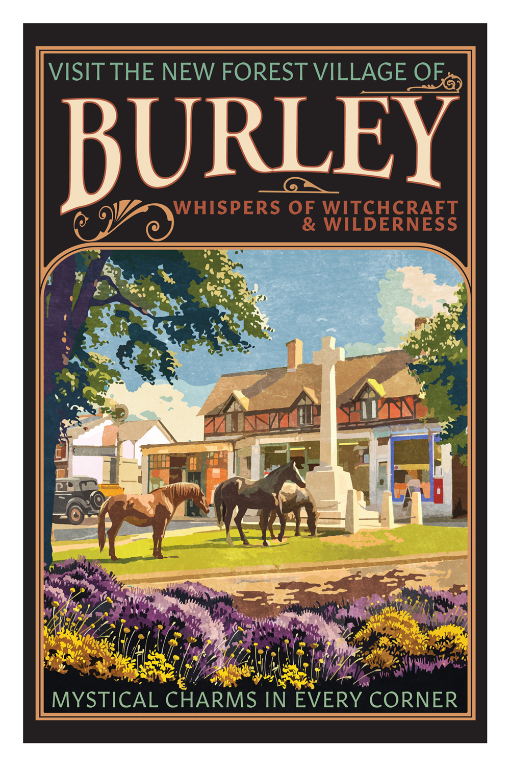 Custom retro travel poster design of english countryside Burley village