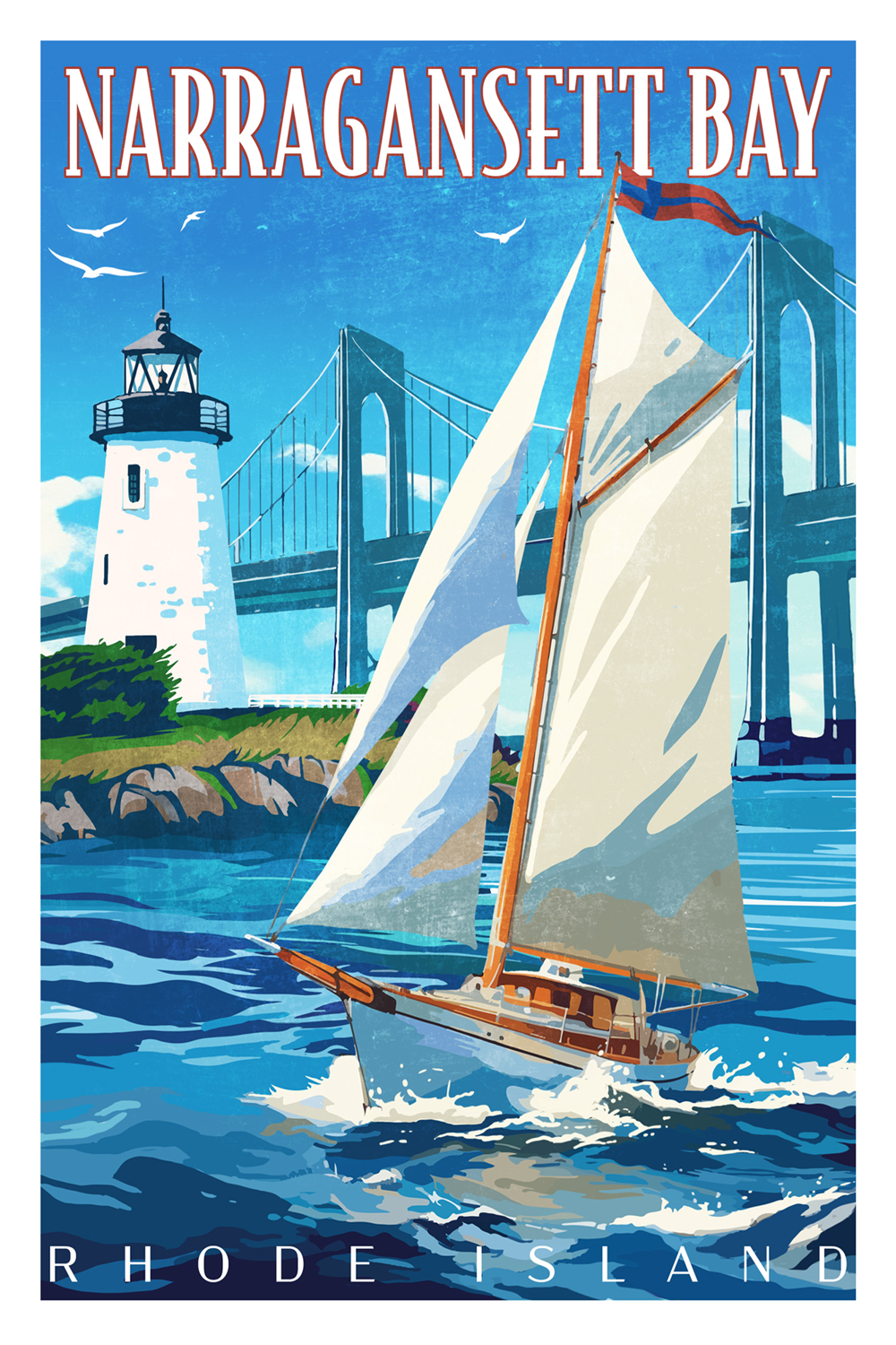 Custom retro travel poster design of narragansett bay