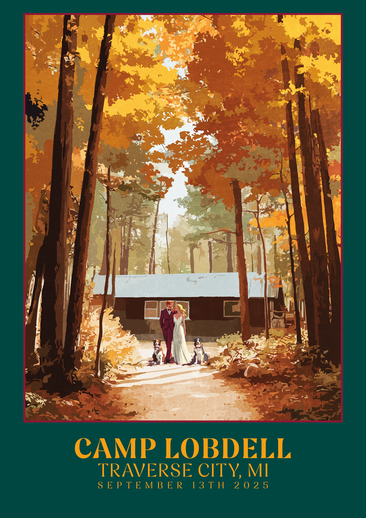 A vintage-inspired wedding poster illustration featuring a scenic destination, blending timeless travel poster charm with bespoke wedding design.