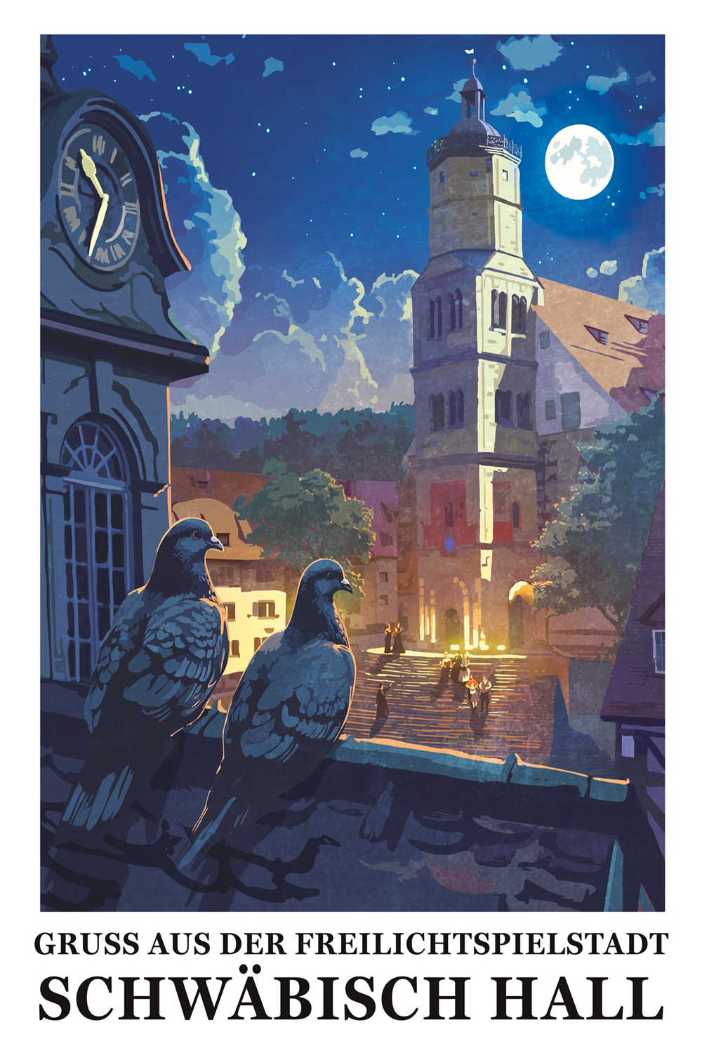 custom travel poster design of schwabisch hall at night