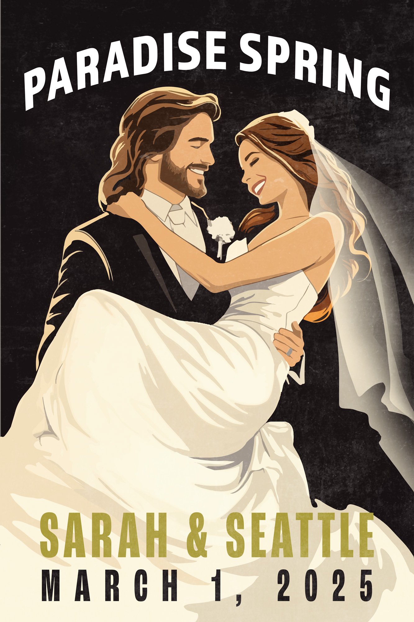A digital illustration of a bride and groom in wedding attire, smiling and embracing each other. The bride has long brown hair and is wearing a wedding dress with a veil, while the groom has long brown hair and a beard, dressed in a suit. The background is dark with white text reading "Paradise Spring" at the top, and details about the wedding, including the names "Sarah & Seattle" and the date "March 1, 2025," at the bottom.