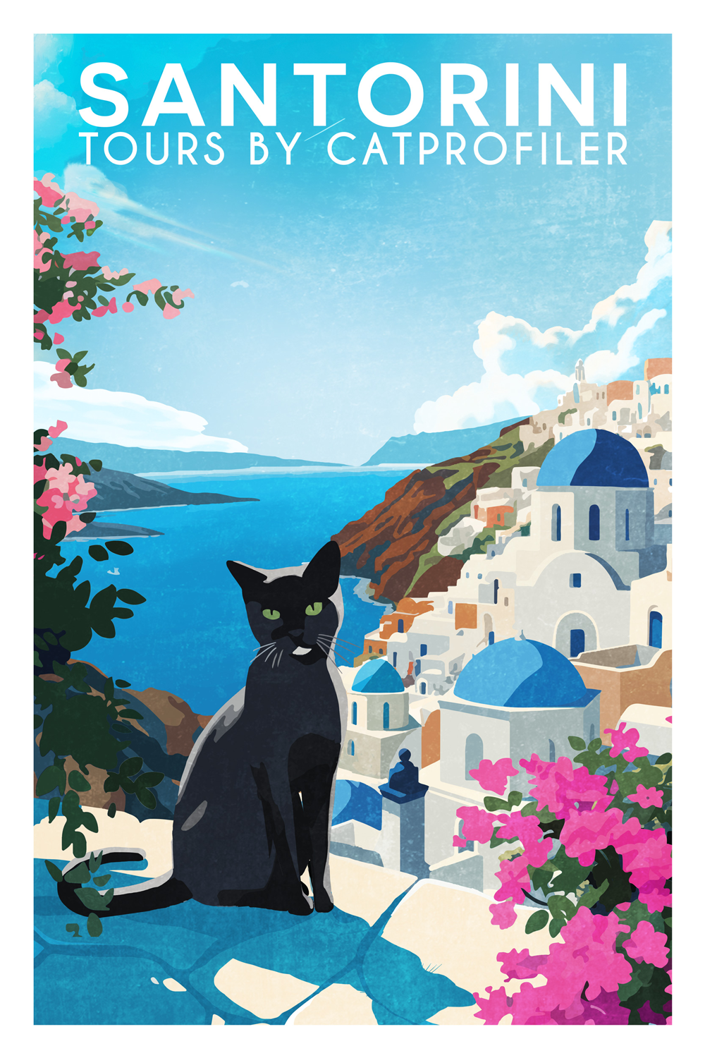 A vintage travel poster illustration of Santorini for company CatProFiler
