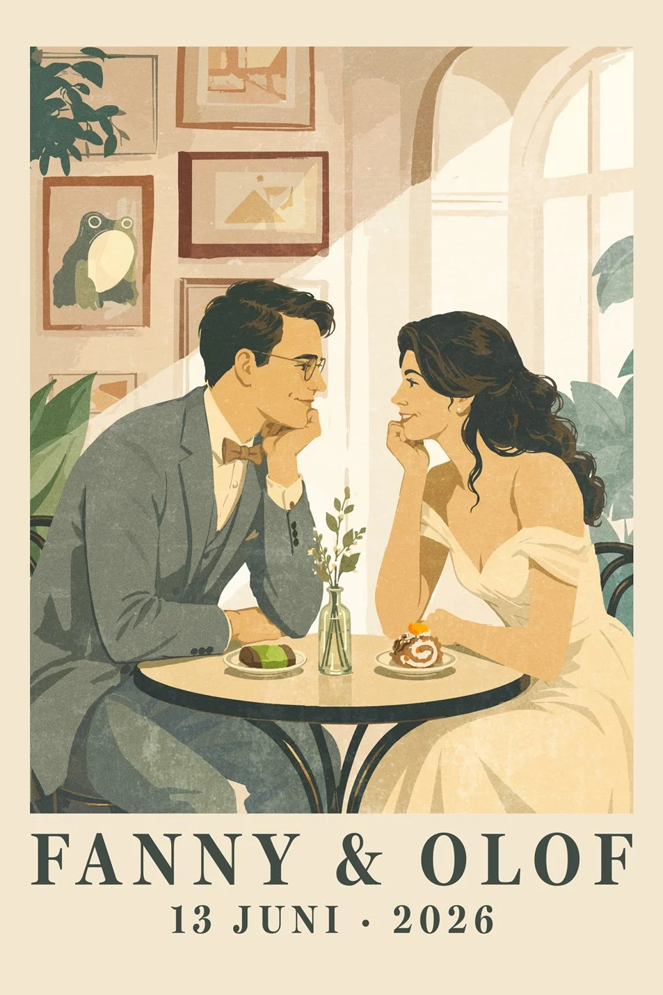 Bride and Groom sitting in the favourite cafe in a classic vintage style