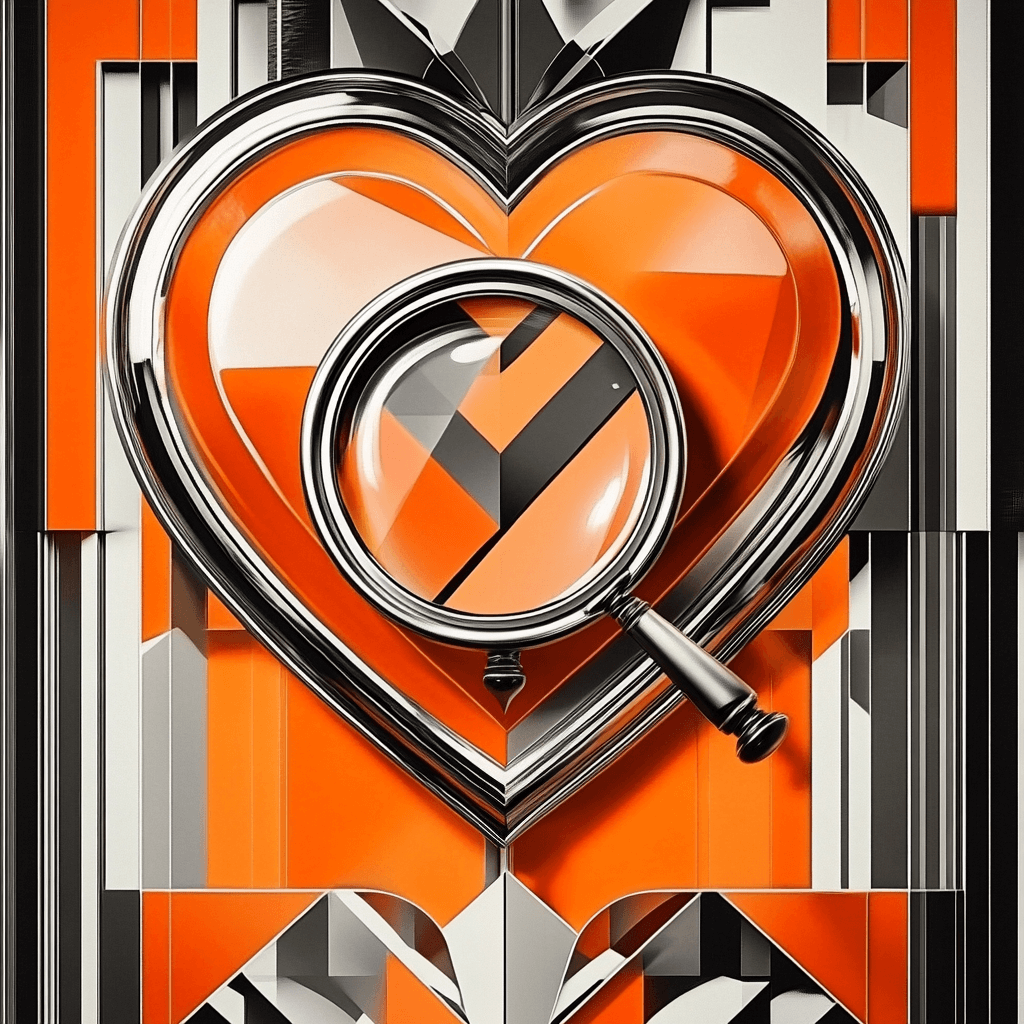 Ein KI-generiertes Bild aus grafischen Formen in orange und grau, das ein Herz und eine Lupe zeigt