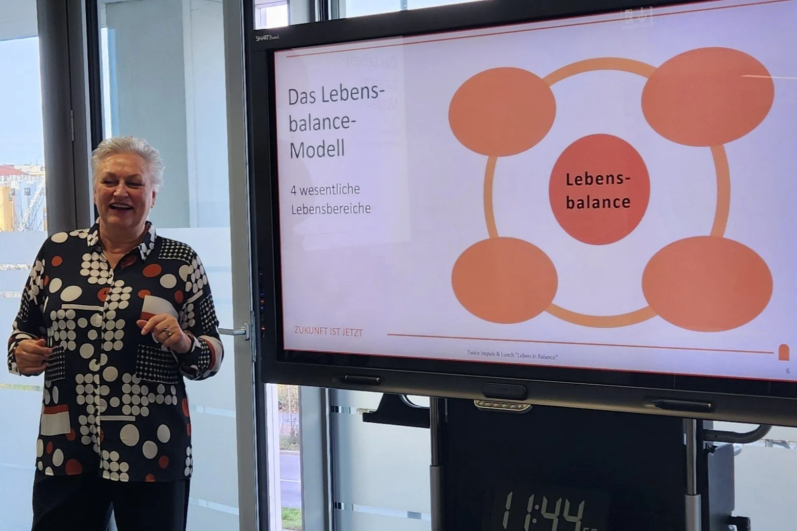 Uta präsentiert in einem Workshop das Lebensbalance-Modell
