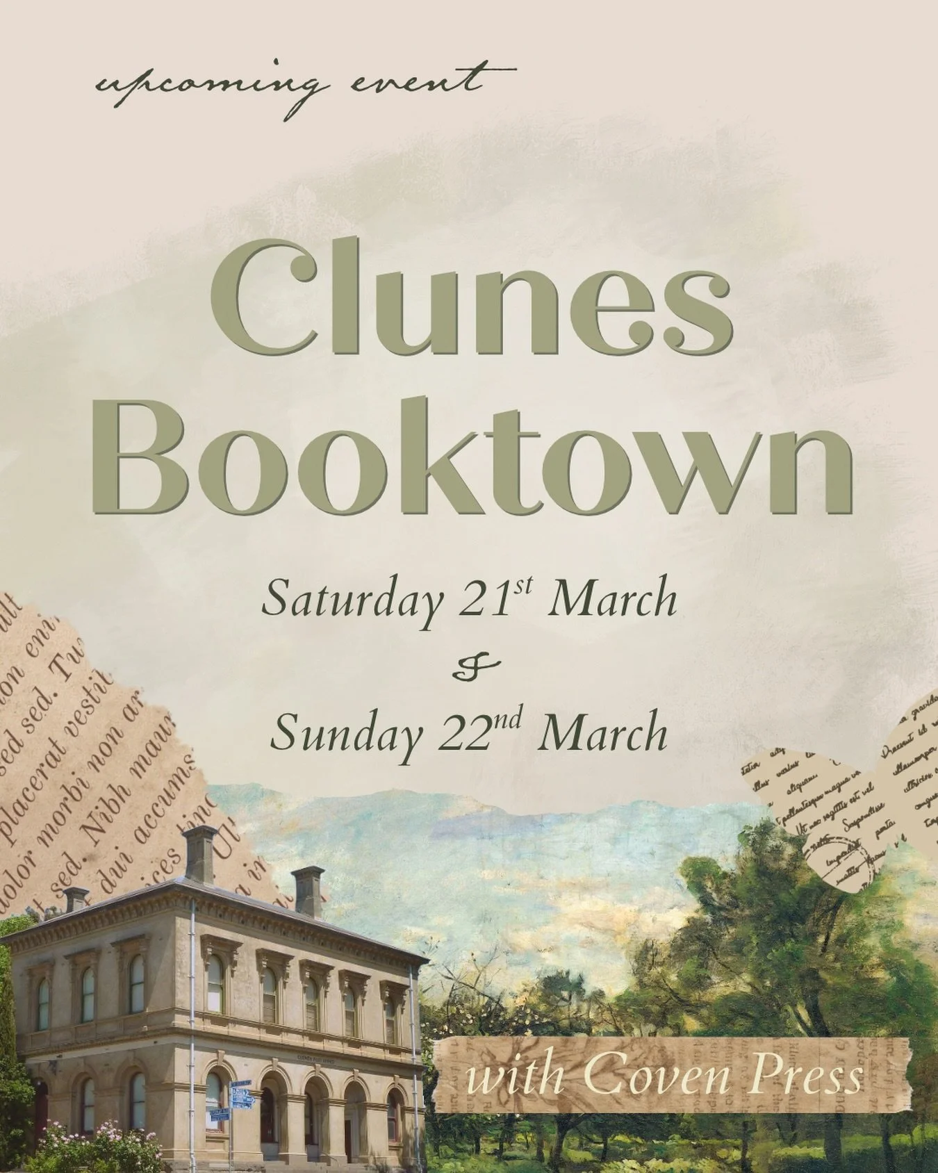 I&rsquo;ll be at @clunesbooktown this weekend with @covenpresshq! I&rsquo;m super excited to soak up all that Clunes Booktown has to offer for readers and writers but this year as a stallholder 📚

Clunes holds a special place in my life - I lived th