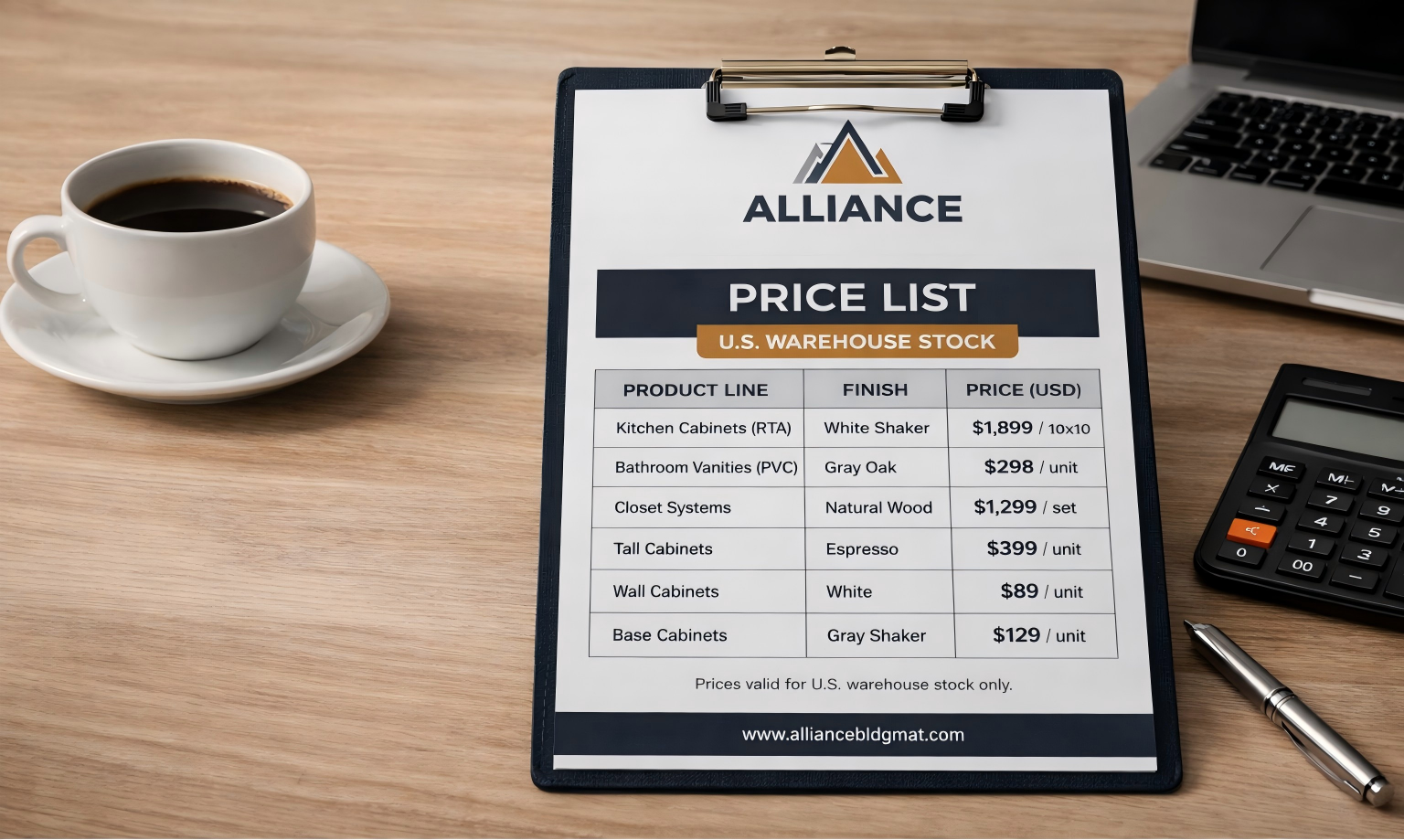 RTA kitchen cabinet price list from U.S. warehouse, including bathroom vanities and closet systems pricing for contractors and distributors