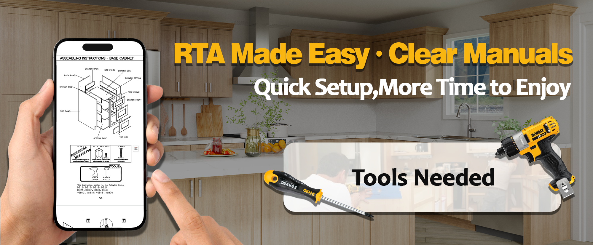 RTA kitchen cabinet installation guide with step-by-step manuals and tools for easy assembly in the USA