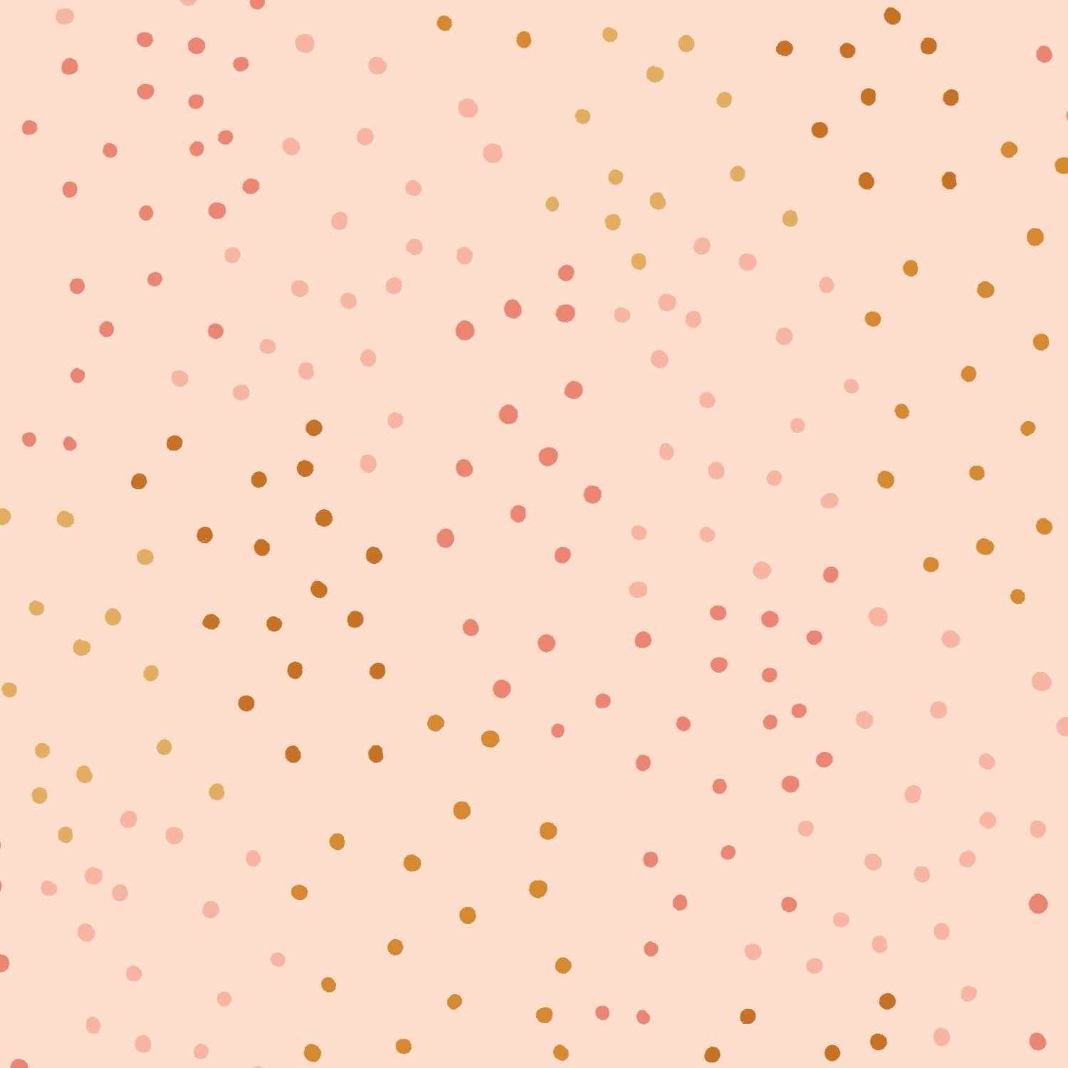 Pattern of pink, light pink, and bronze-colored polka dots on a peach background.